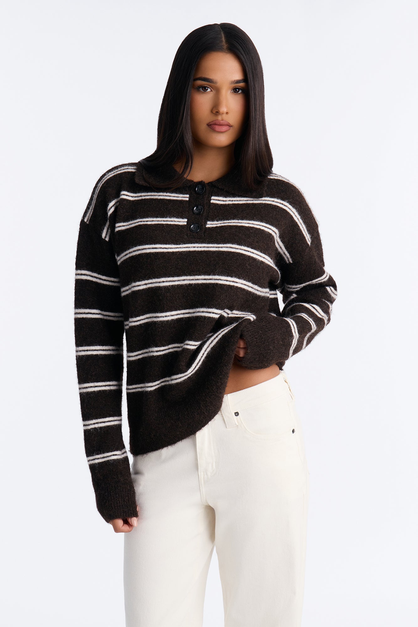 Lissa Striped Polo Sweater - Brown/combo