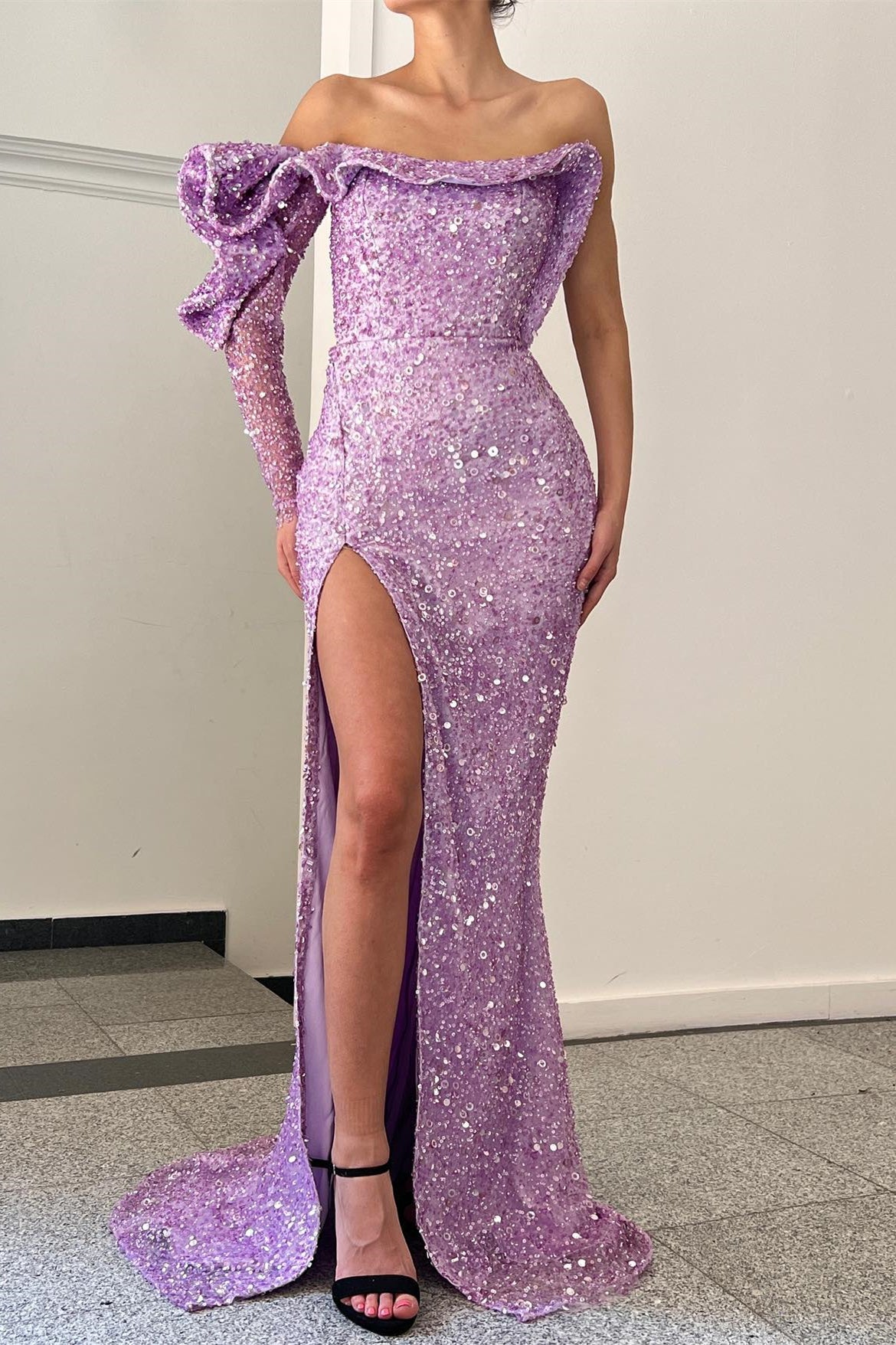 Purple One Shoulder Mermaid Slit Evening Dress Sequins With Long Sleeve