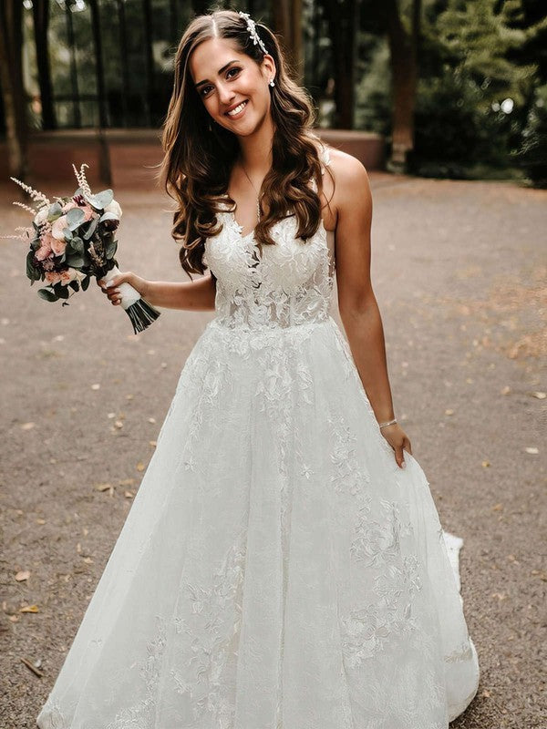 Charming V-Neck Tulle Spaghetti Straps Sleeveless Court Train A-Line Wedding Dresses