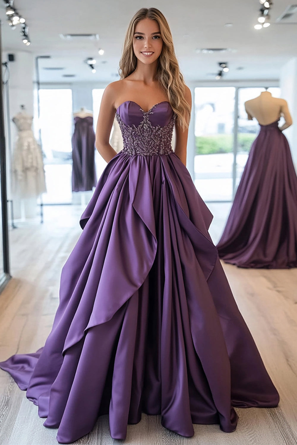Long Strapless Plum Satin Prom Dress with Sparkly Ruffles and Sequined A-Line Appliques