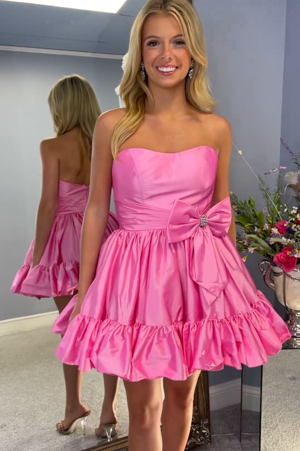 Fluffy Fuchsia Strapless A Line Tiered Short Homecoming Dress/Mini Dress with Bow