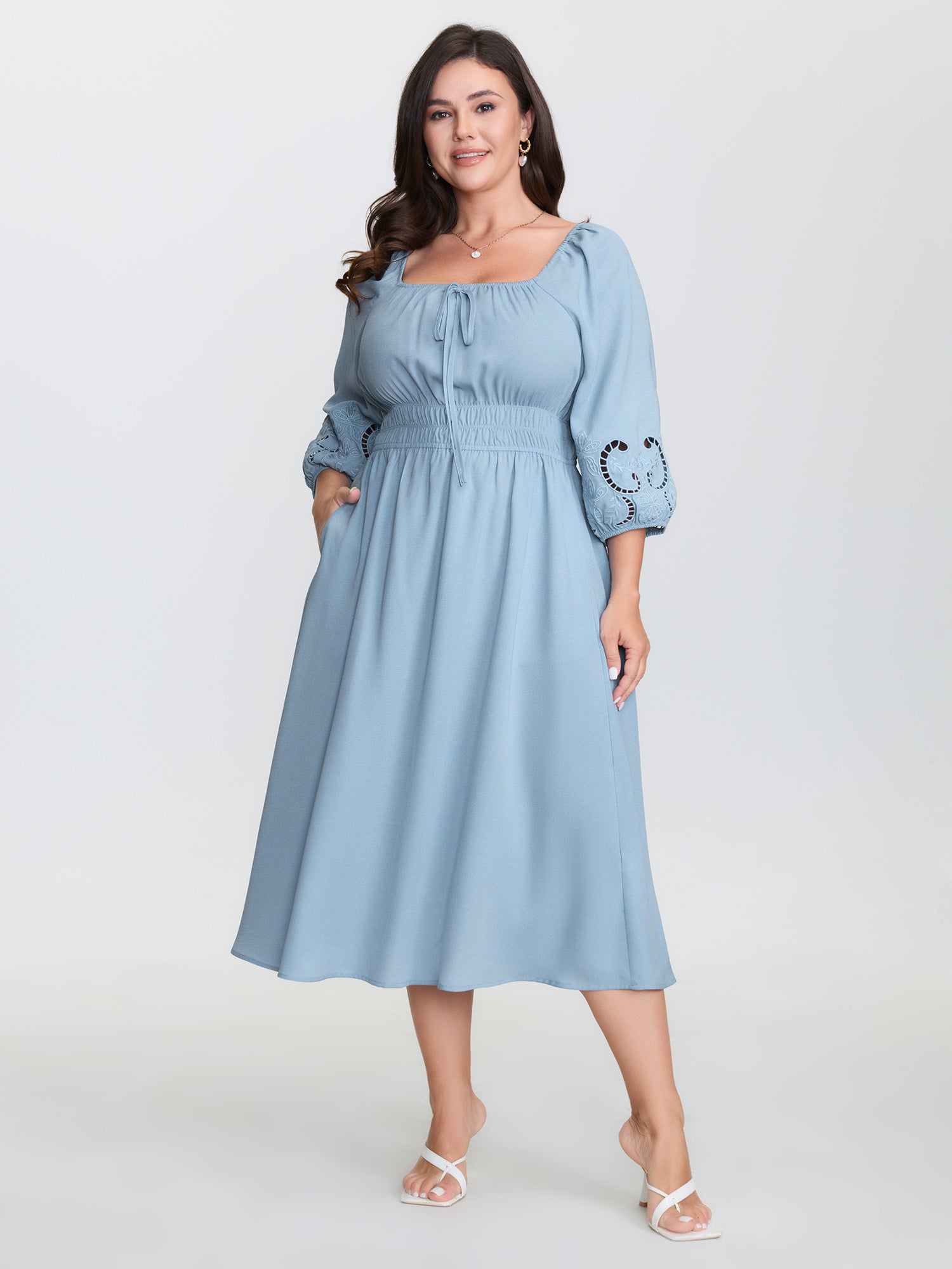 Floral Cut-Out Embroidery Stretchy Waist Midi Dress