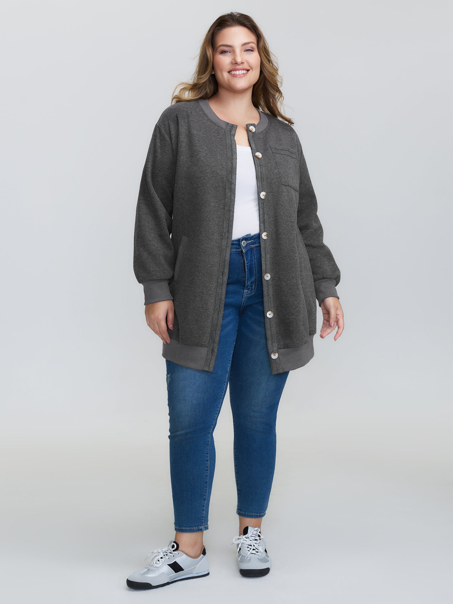 Round Neck Ribbed Hem Button Jacket