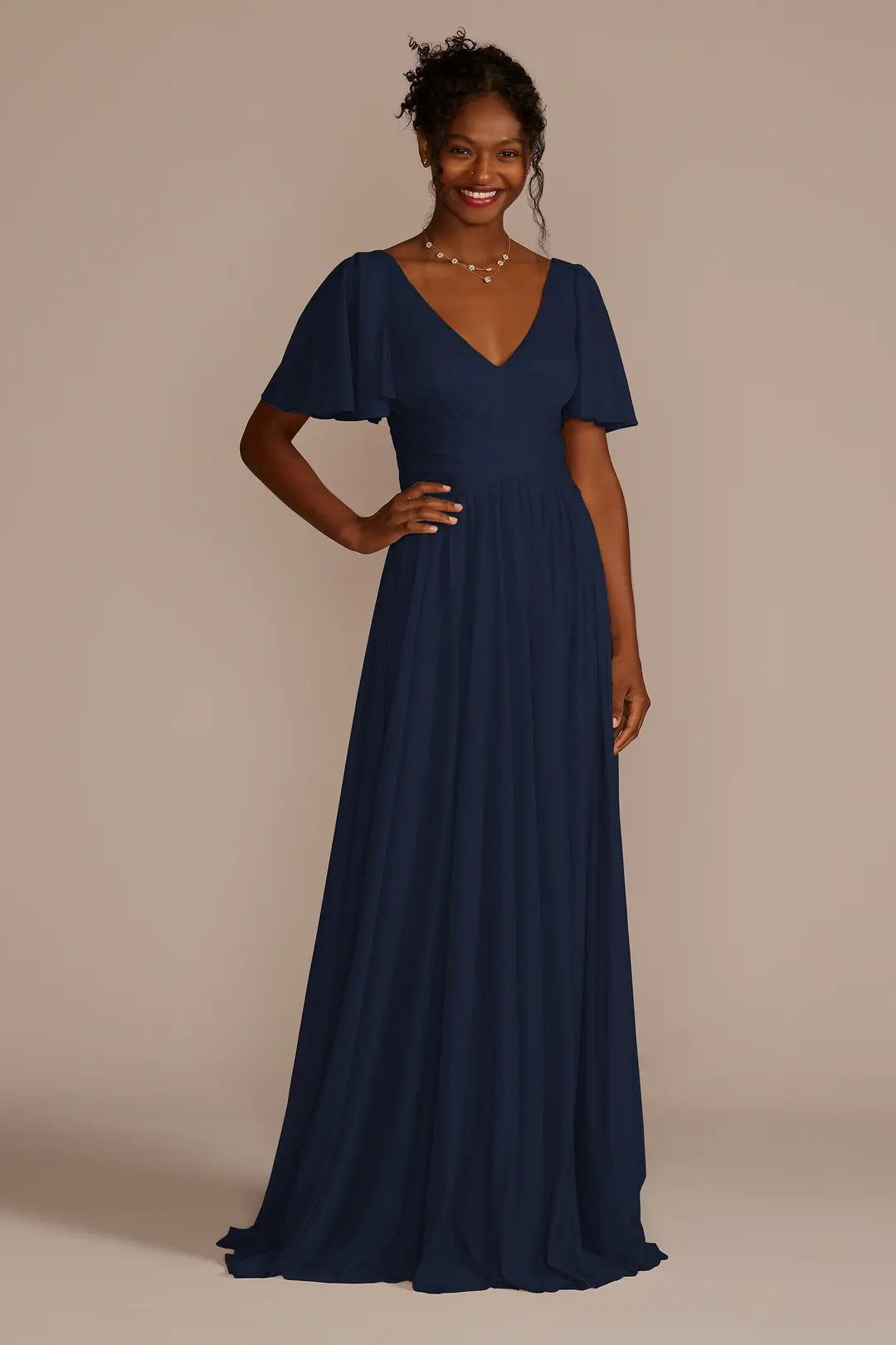 Flutter Sleeve Crisscross Mesh Bridesmaid Dress