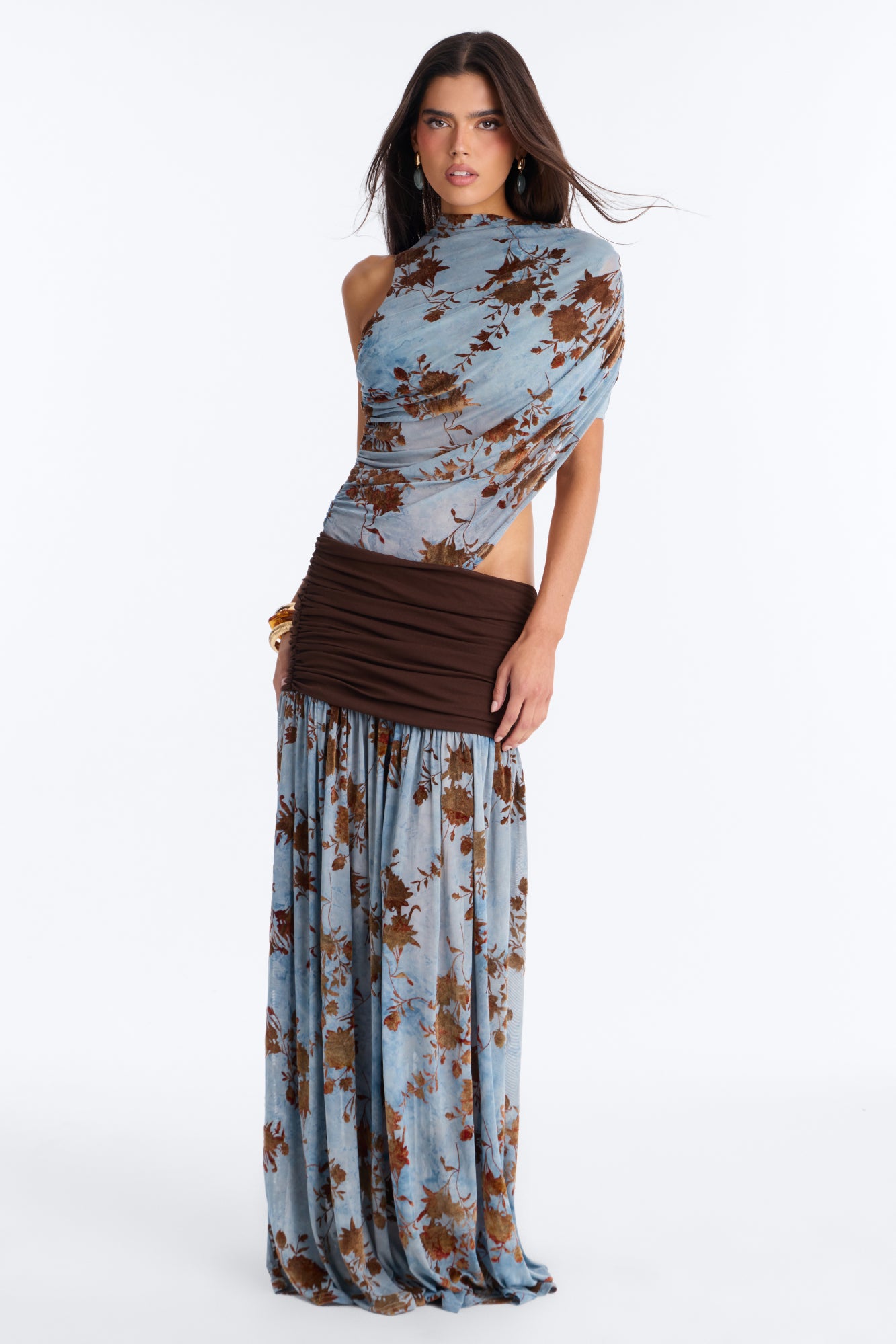 The First Choice Flocked Ruched Maxi Dress - Blue/combo