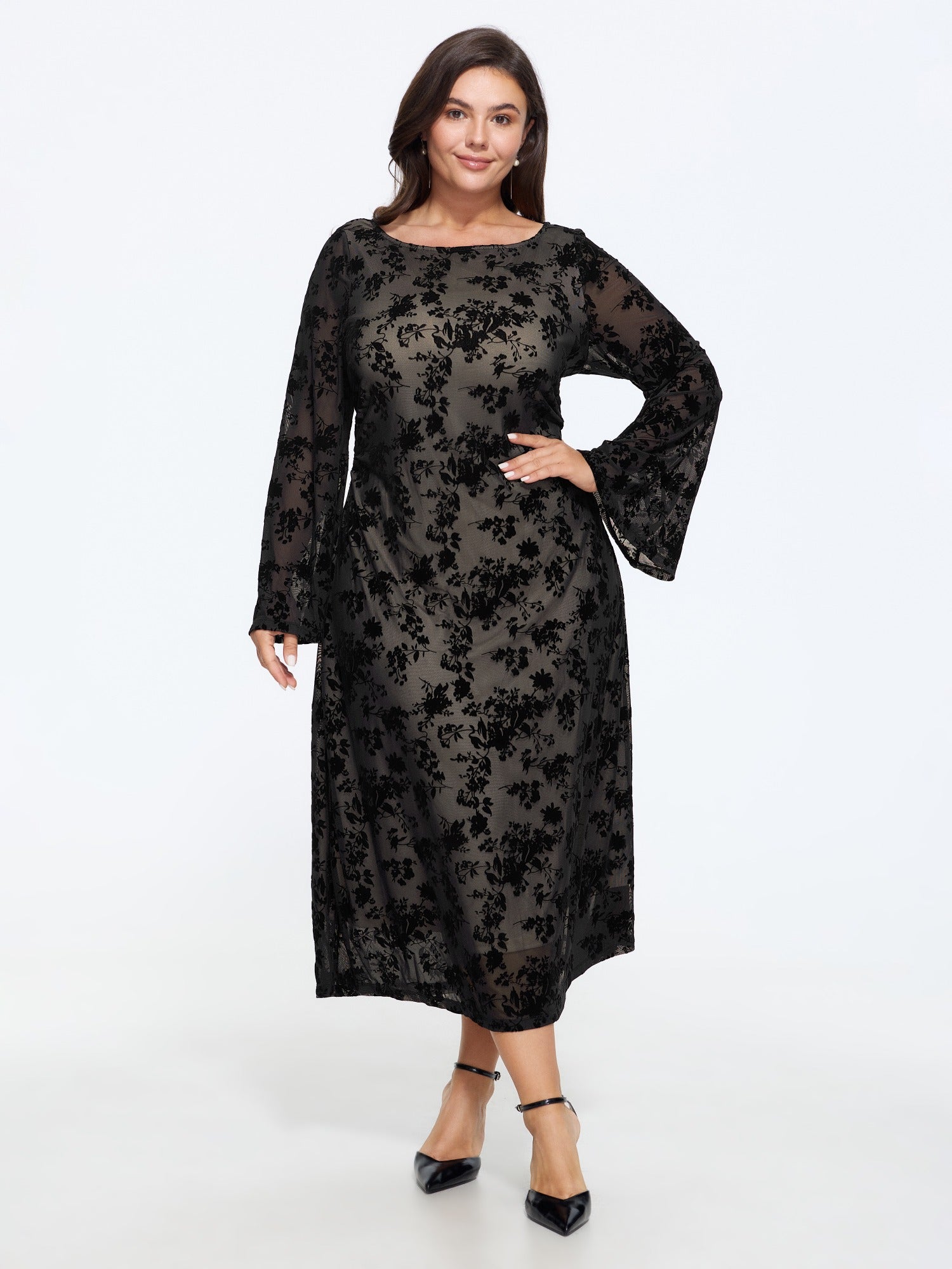 Stretch Mesh Flocked Midi Dress