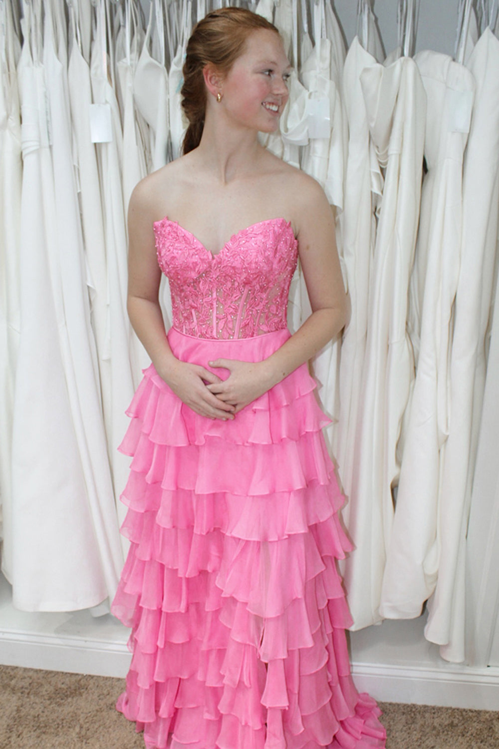 Long Chiffon Prom Dress in Pink with A-Line Corset and Tiered Slit