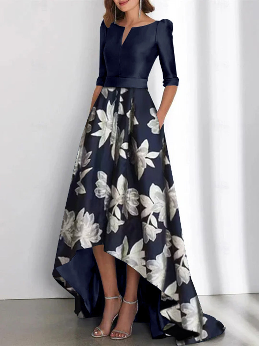 Printed Flower Asymmetrical A-Line Boat Neck Dresses for the Mother of the Bride & Groom
