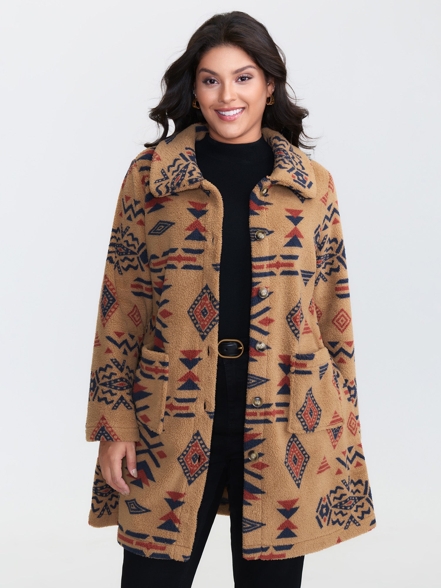 Boho Geometric Print Button-Down Coat