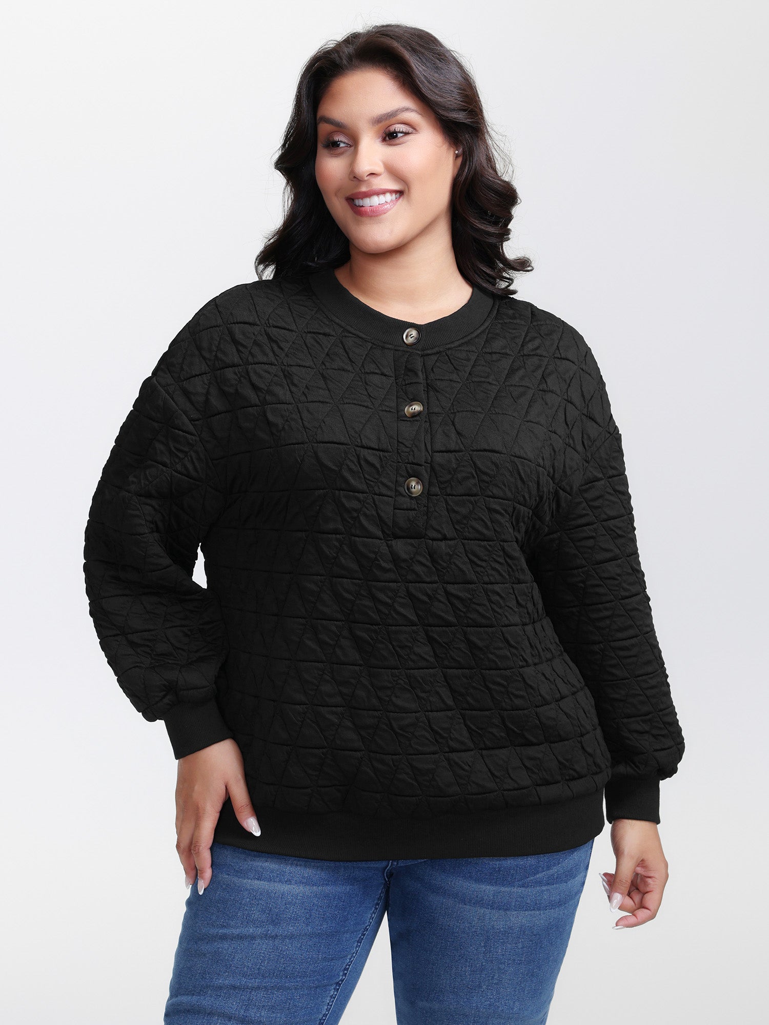 Quilted Cotton Placket Button Sweatshirt