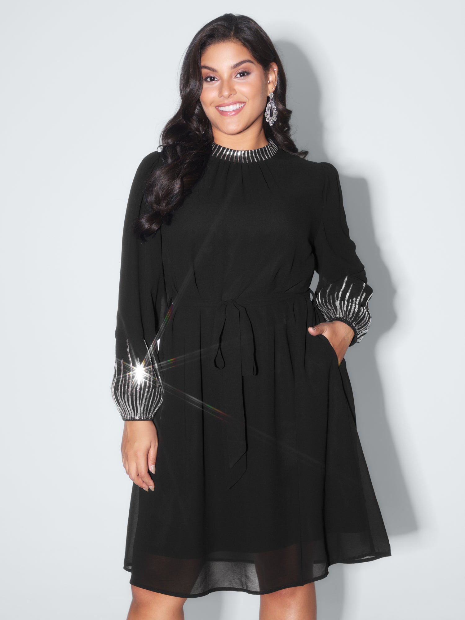 Sequin Embroidery Pockets Belted Midi Dress
