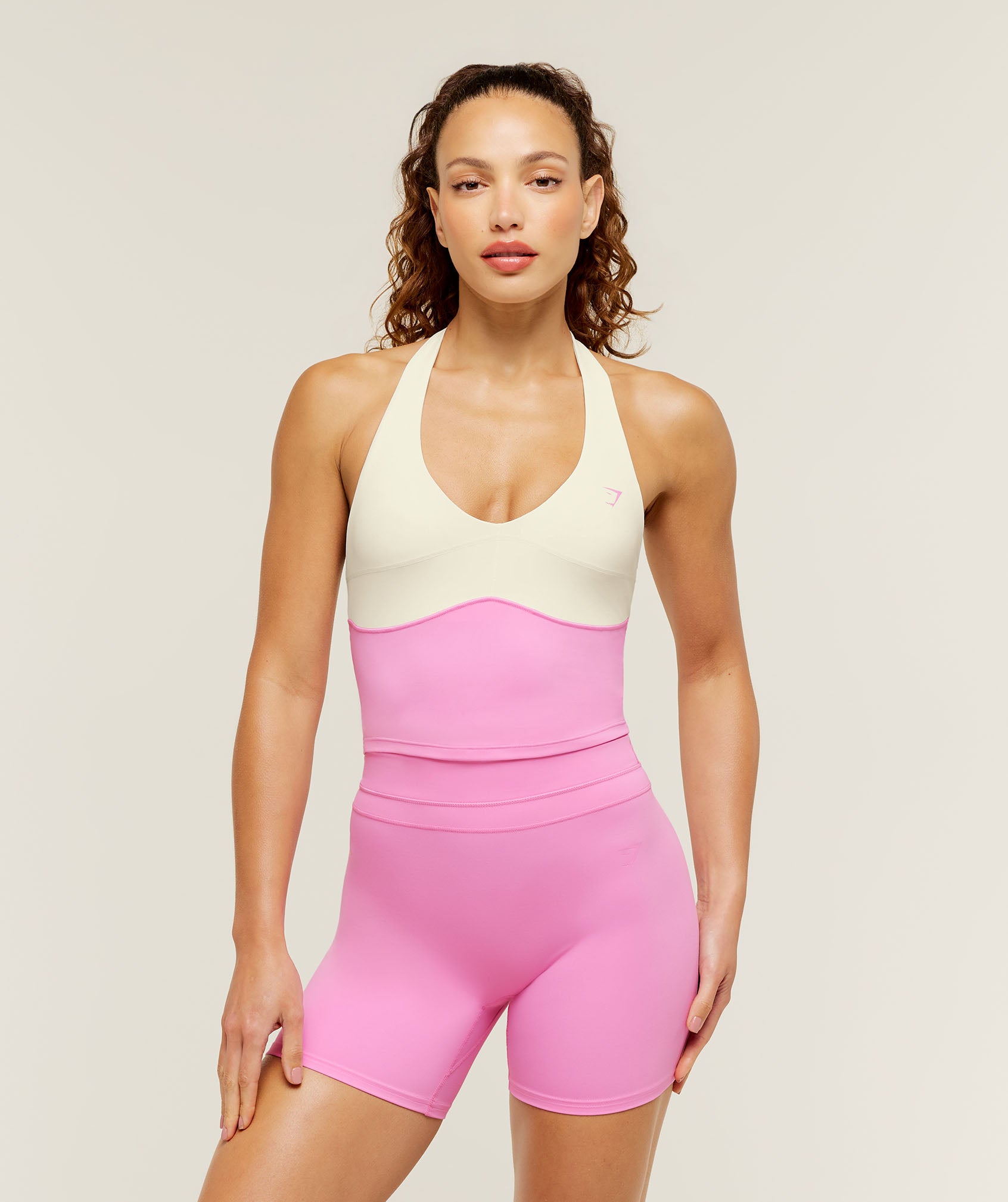Gymshark Colour Block Halter Neck Tank With Shelf - Focus Pink/Soft White