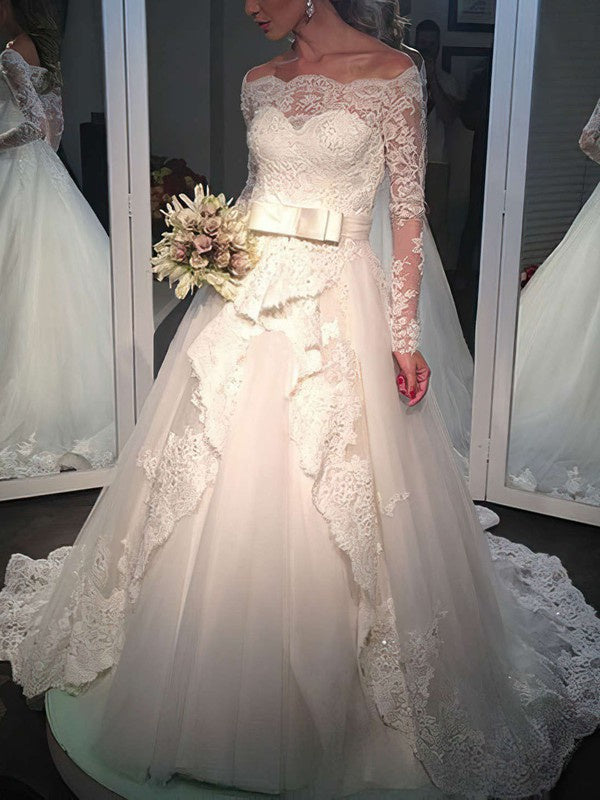 Beautiful Sweep Train Off-The-Shoulder Sweep Train Ball Gown Wedding Dresses with Bow
