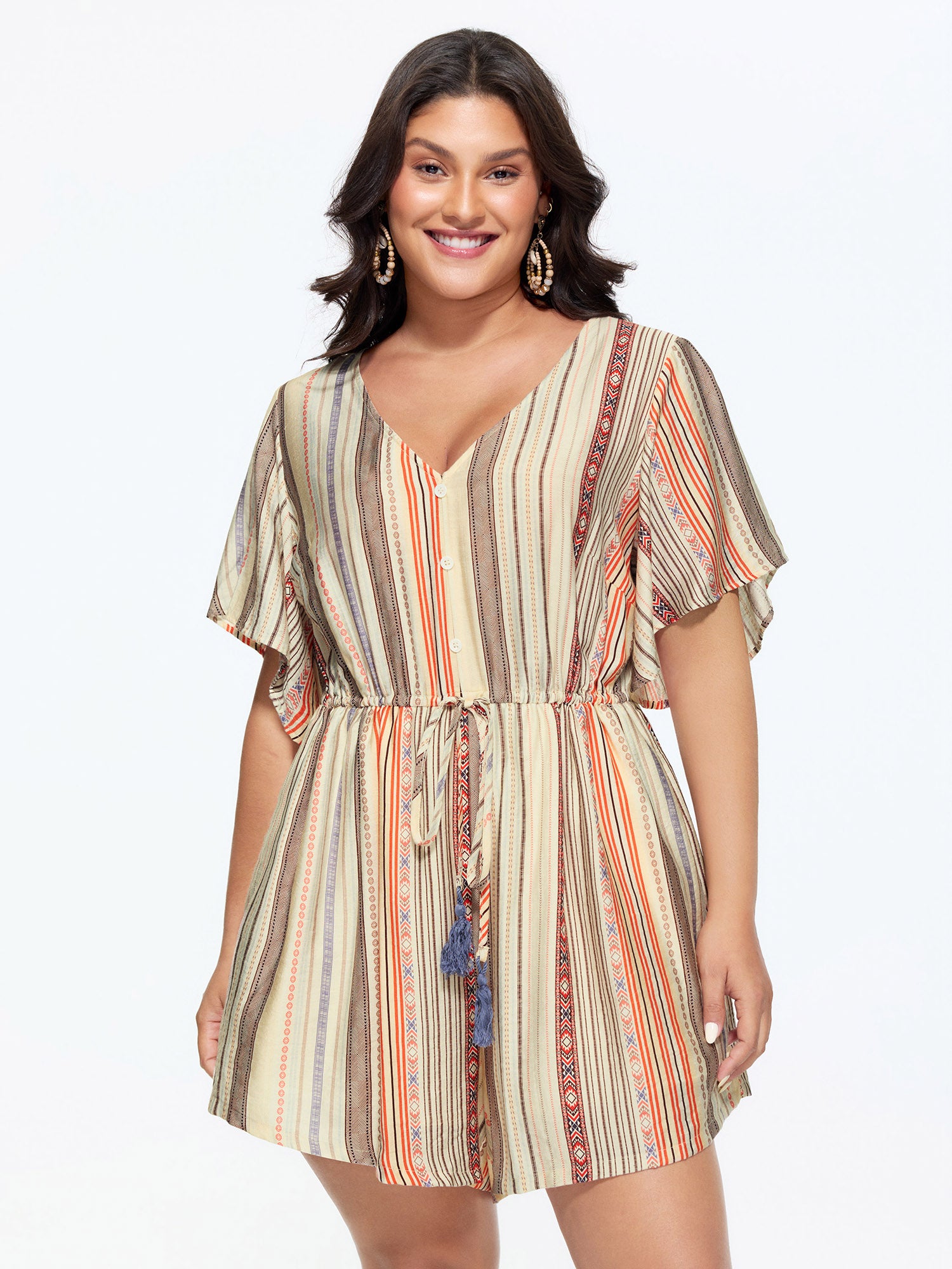 Colorful Striped Print Waist-Tie Romper
