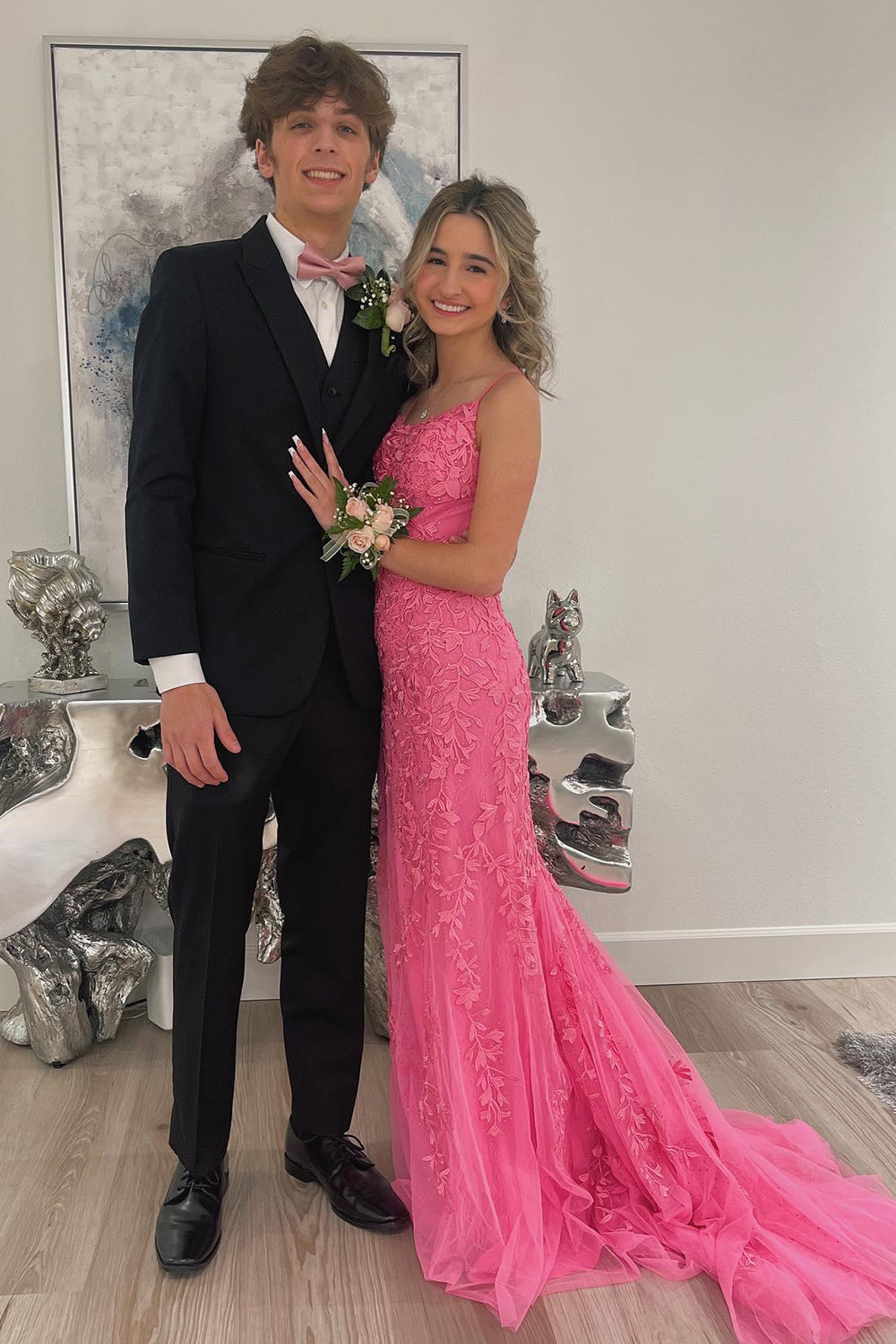 Prom Dress with Fuchsia Spaghetti Straps and Appliques