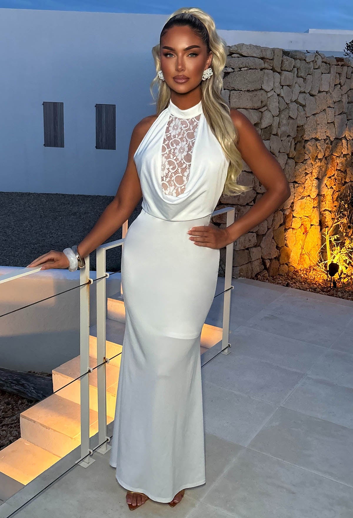 Play With Fire White Lace Cowl Maxi Dress