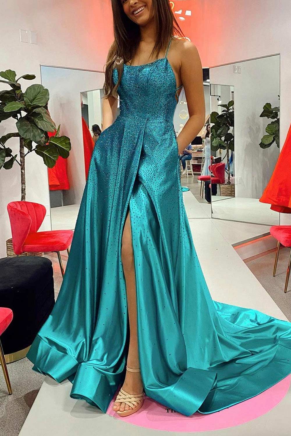 Glittery Green Prom Dress with Slit in A-line Style