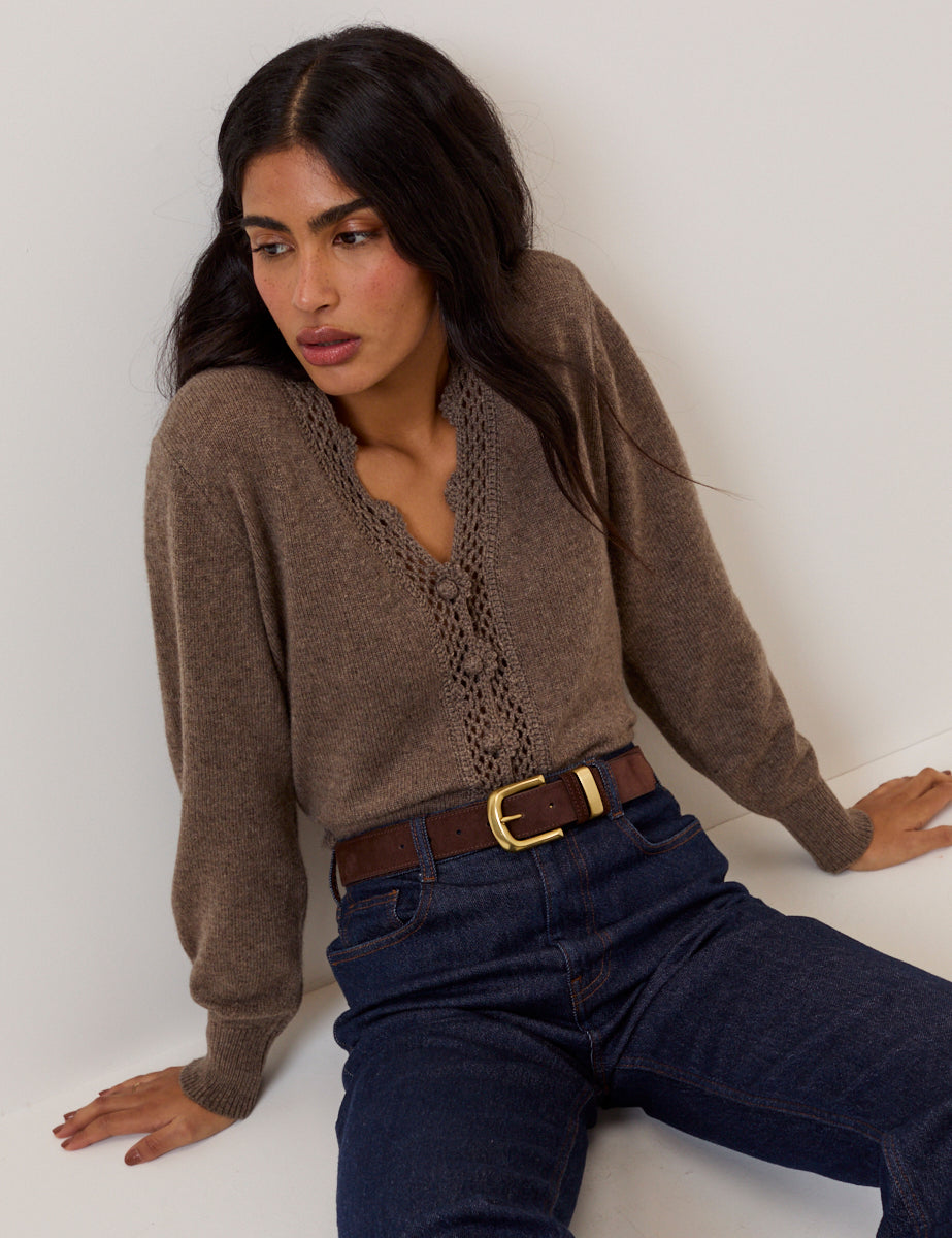 Brown Wool Blend Crochet Trim Elodie Cardigan