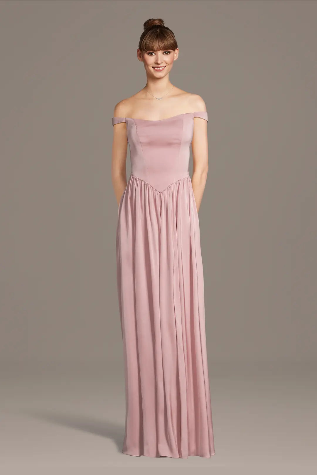Matte Satin Off-the-Shoulder Basque Waist Dress