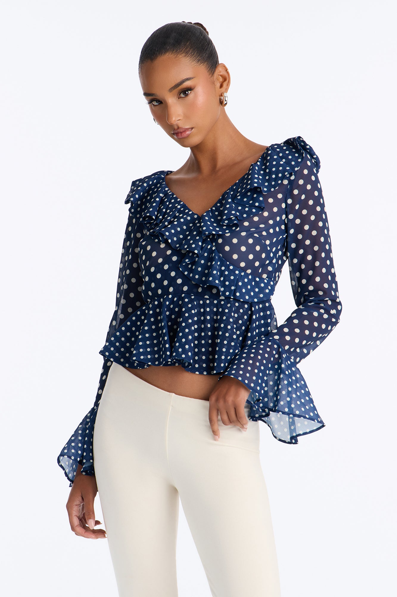 Darling Daze Polka Dot Ruffle Blouse - Navy/combo
