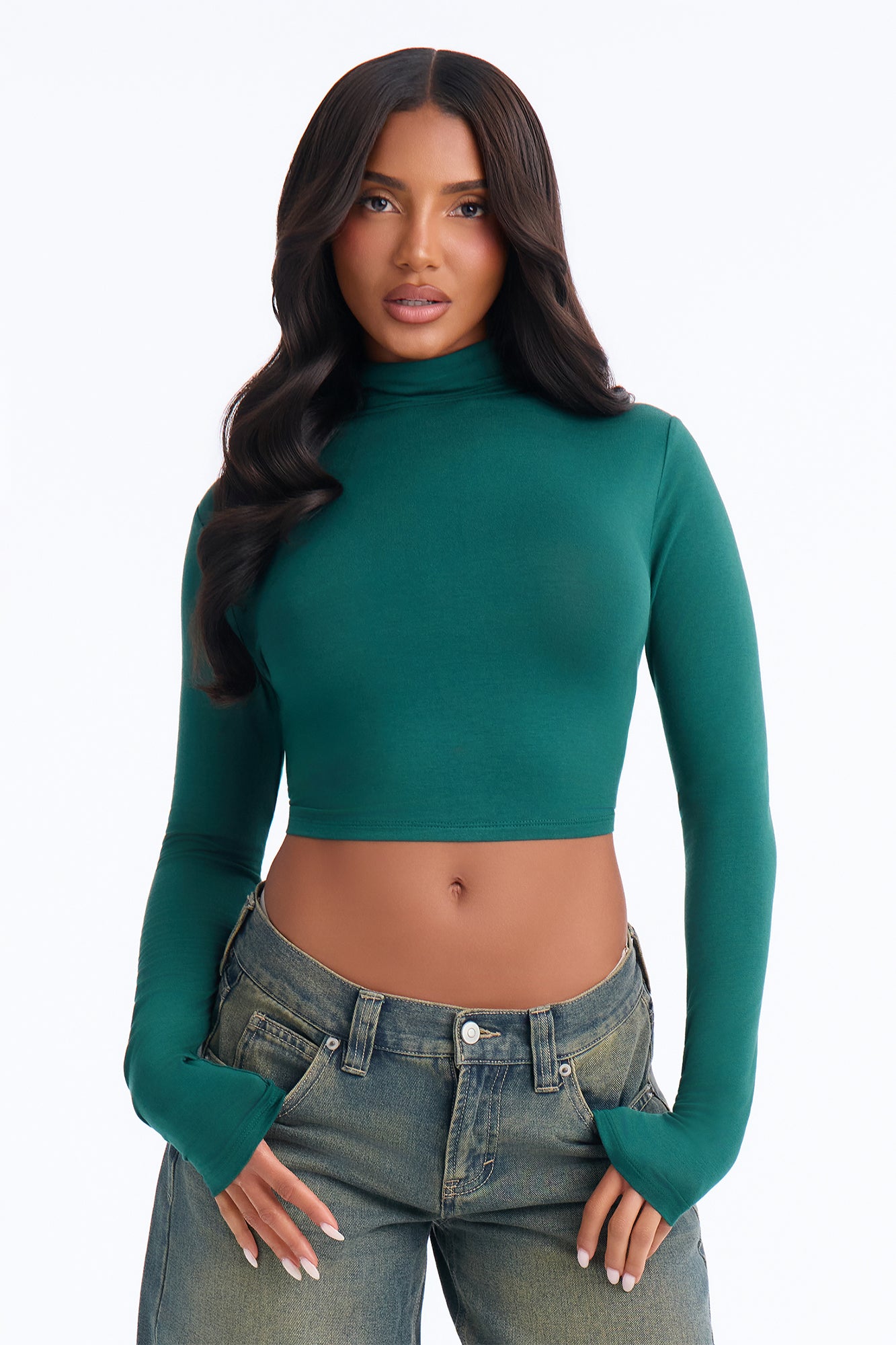 Jackie Long Sleeve Turtle Neck Crop Top - Military Green