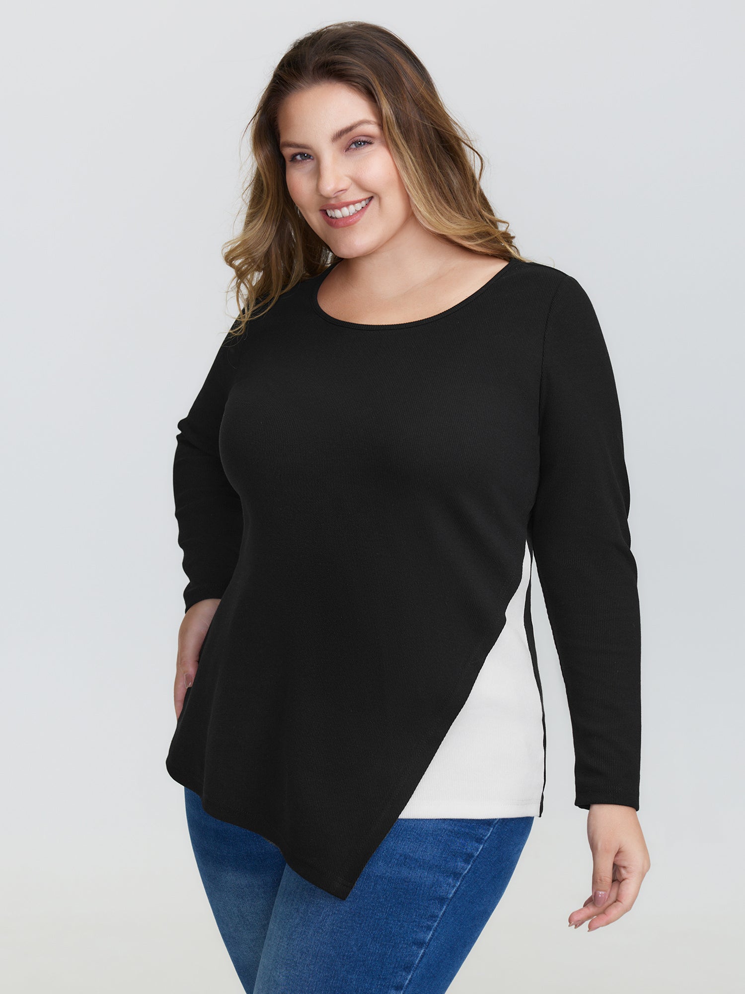 Textured Stretchy Split Hem T-Shirt
