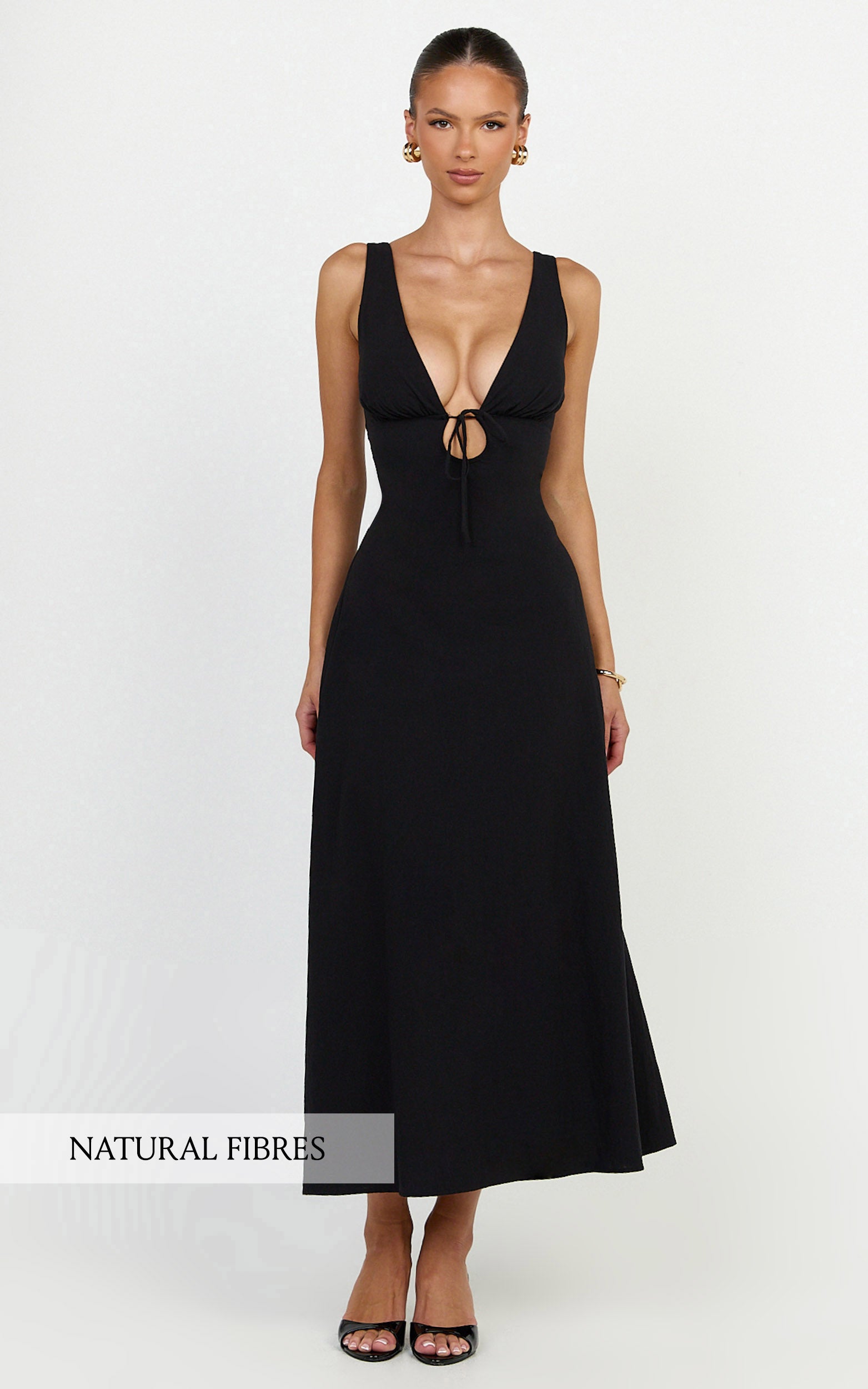 Silvena Midi Dress - V Neck Tie Front A Line Dress in Black