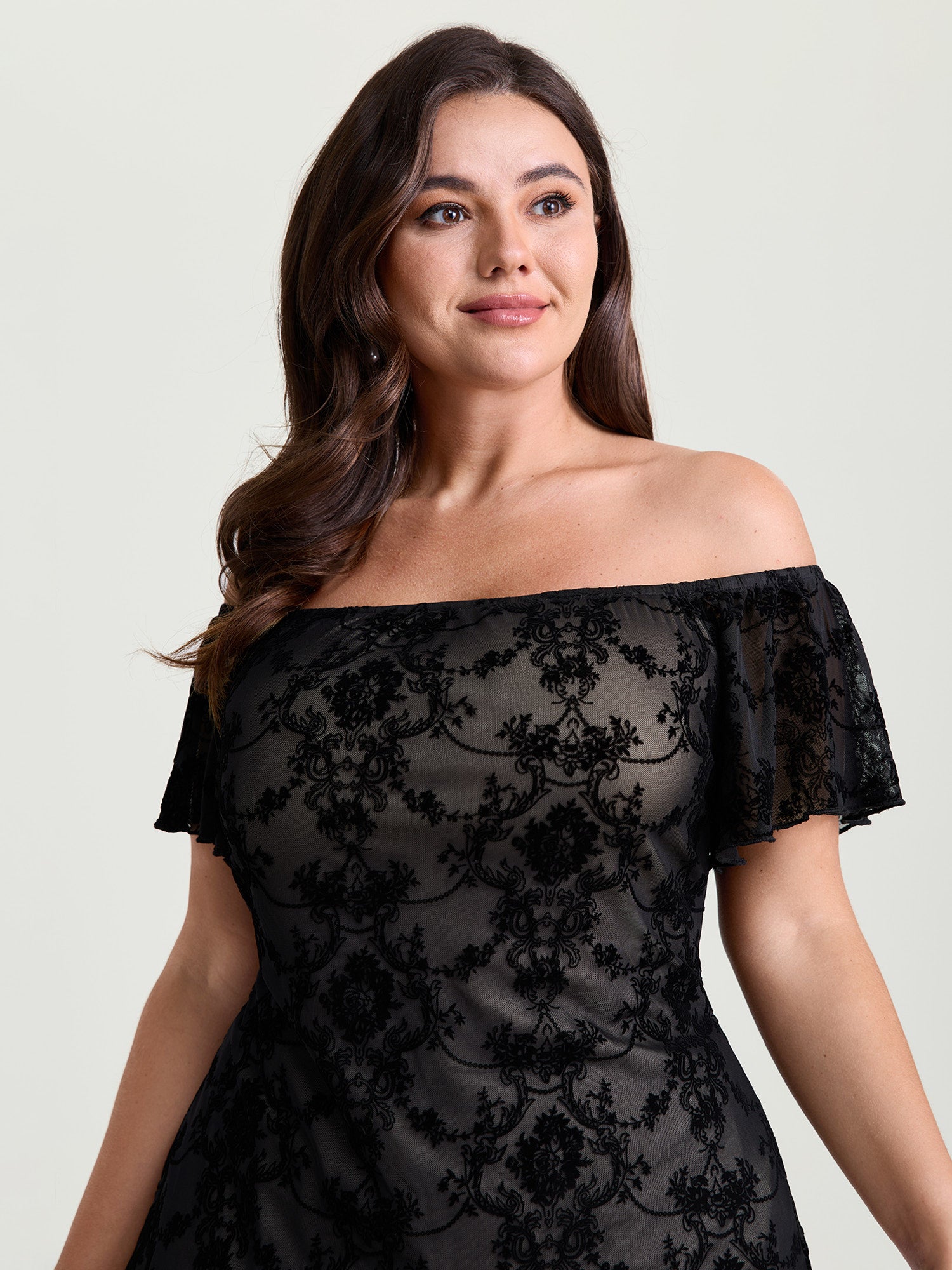 Flocked Floral Off-Shoulder T-Shirt