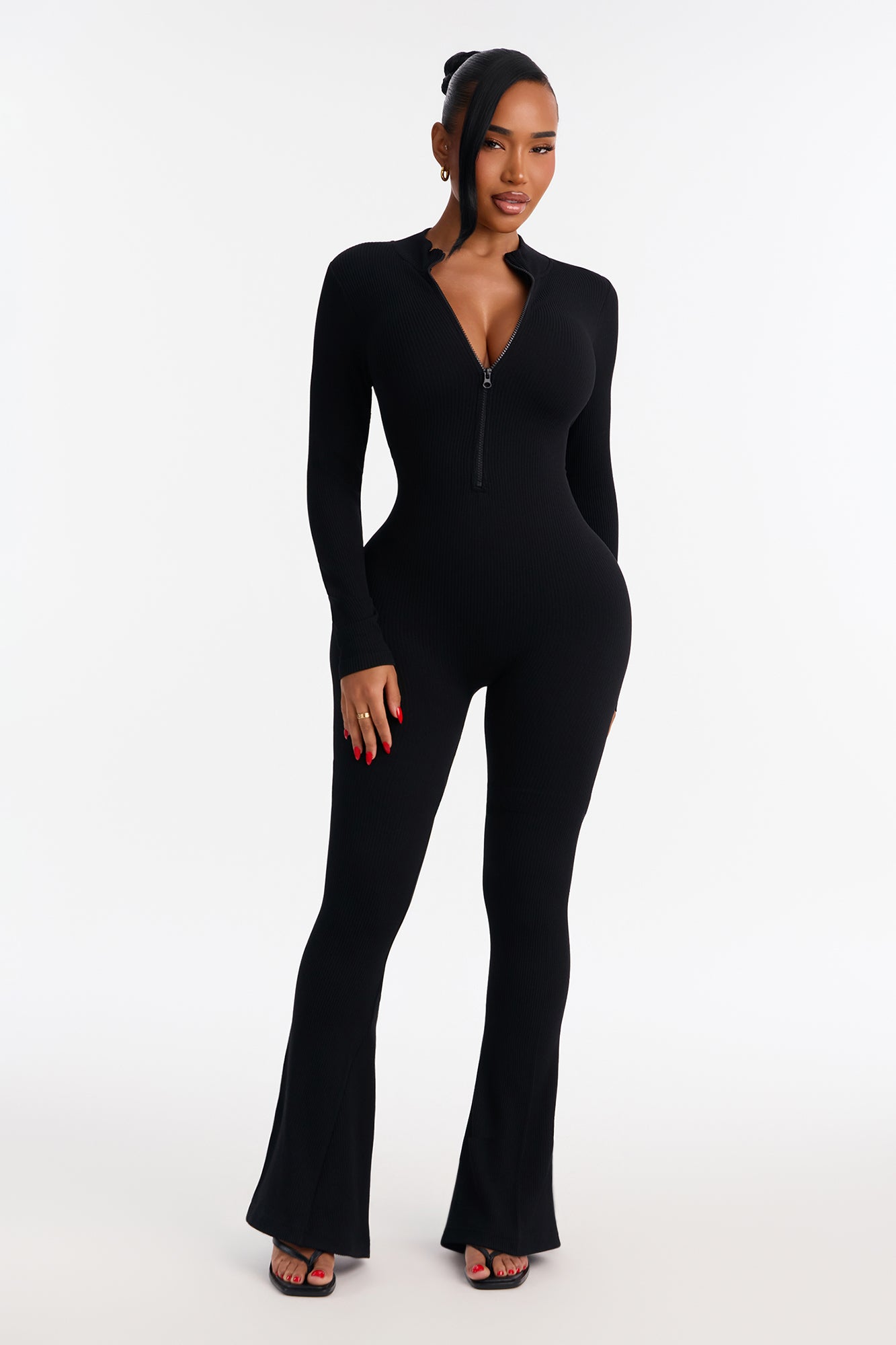 Melissa Seamless Rib Long Sleeve Jumpsuit - Black