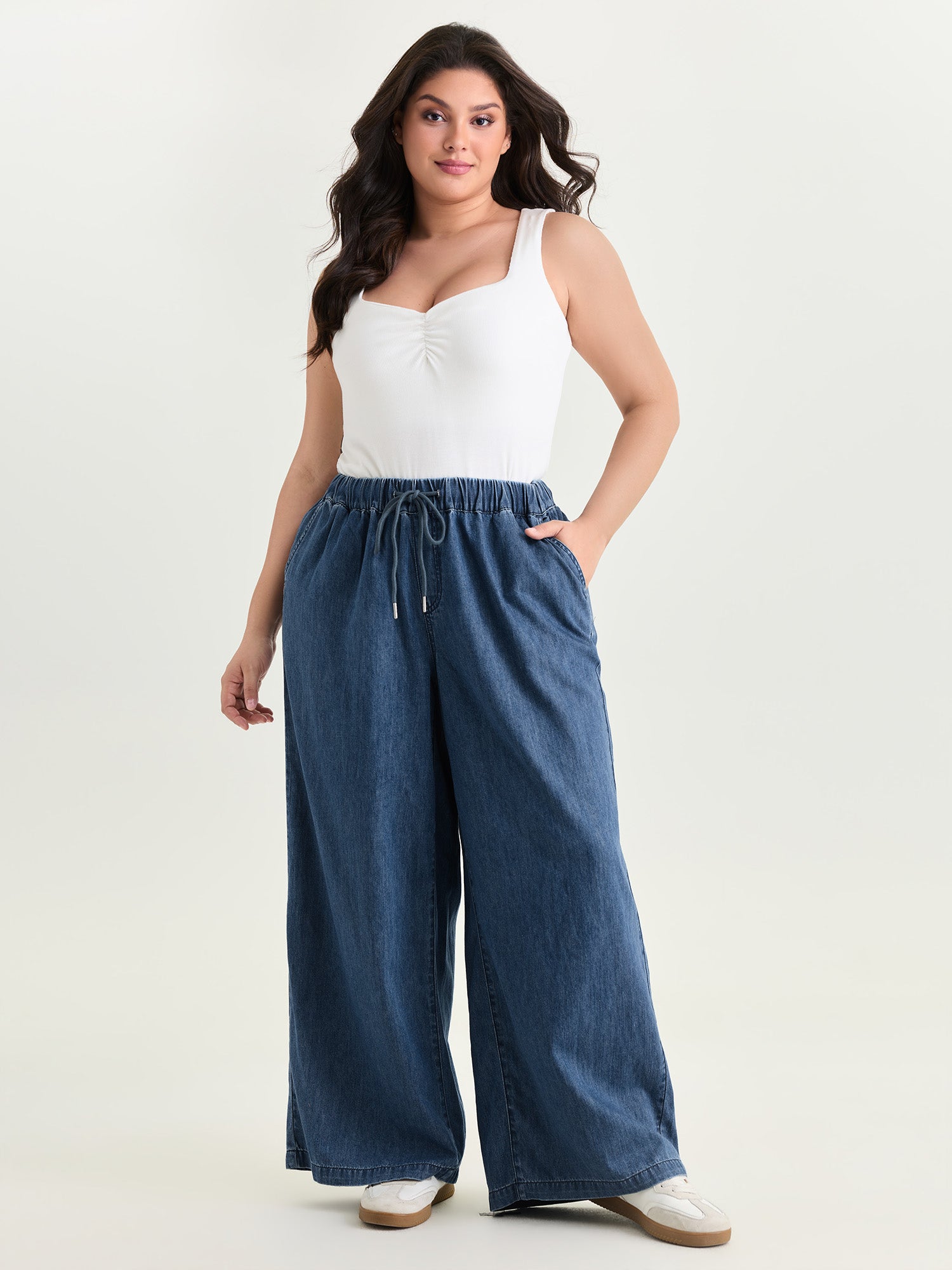 Drawstring Waist Wide-Leg Pocket Jeans