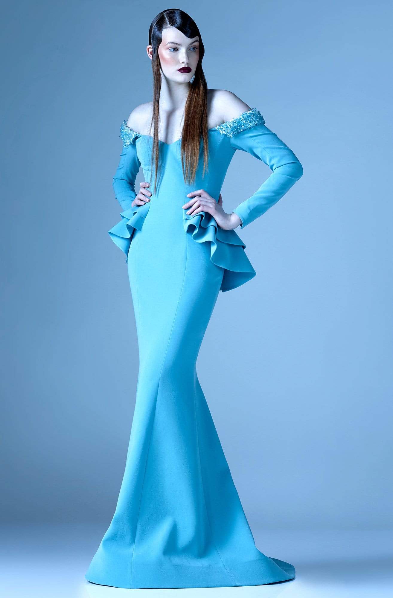 MNM Couture - G0936 Embellished Off-Shoulder Long Sleeve Dress