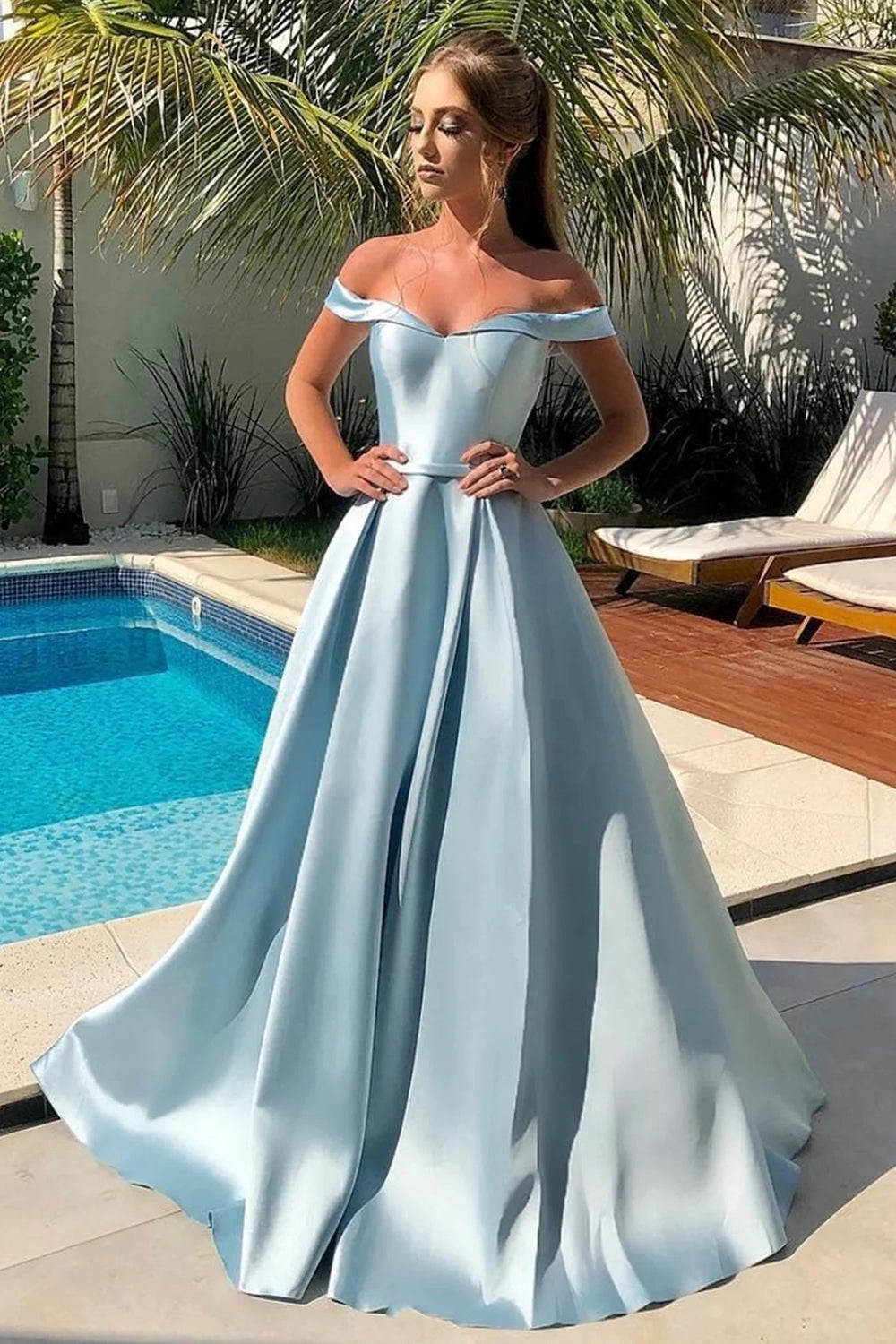 Long Blue Prom Dress with Off-the-Shoulder A-Line