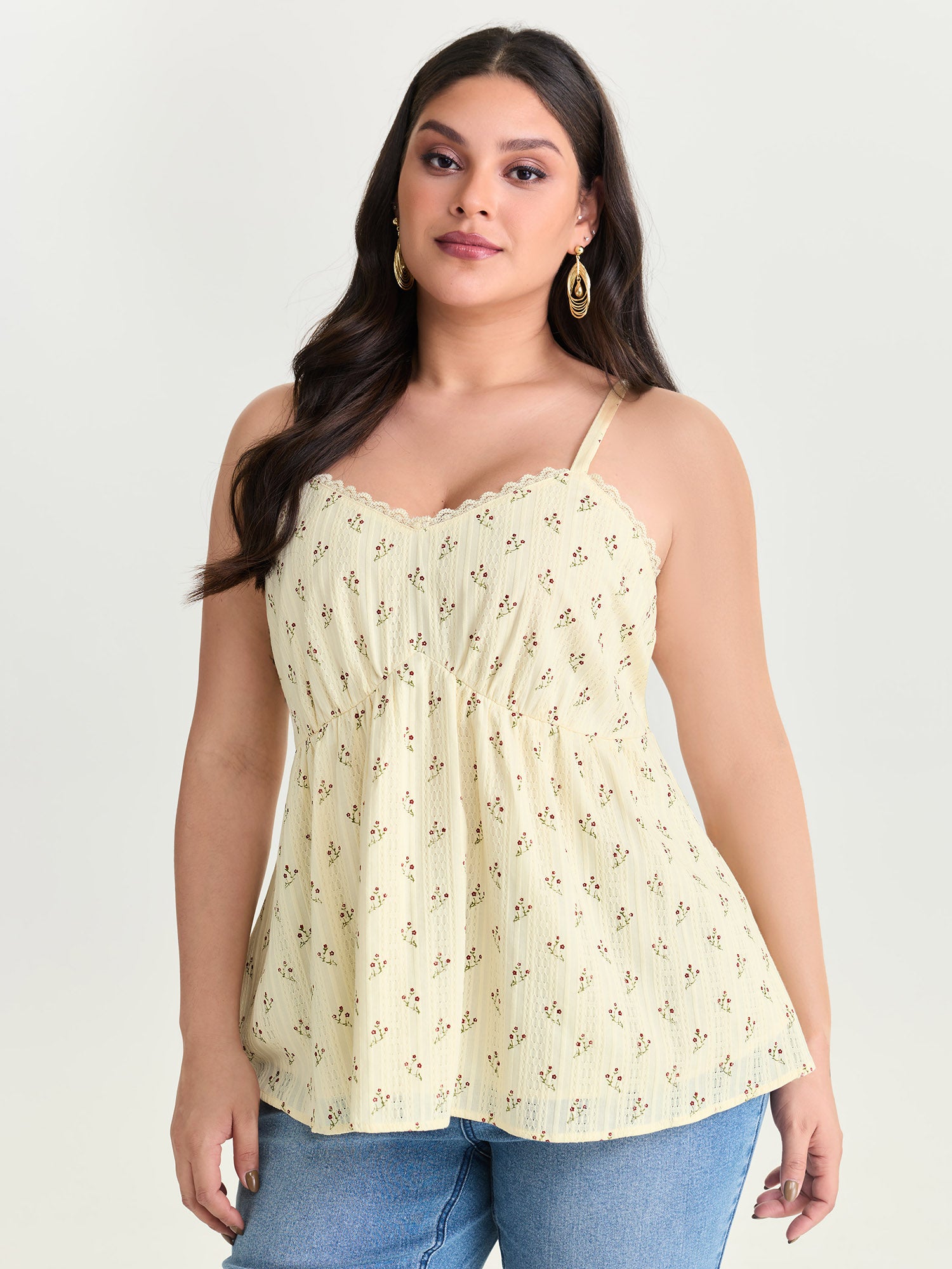 Floral Print Lace Trim Tank Top