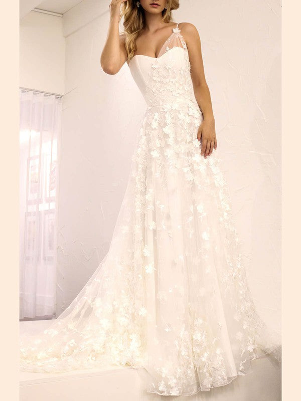 Charming A-Line One Shoulder Lace Court Train Wedding Dresses with Flowers