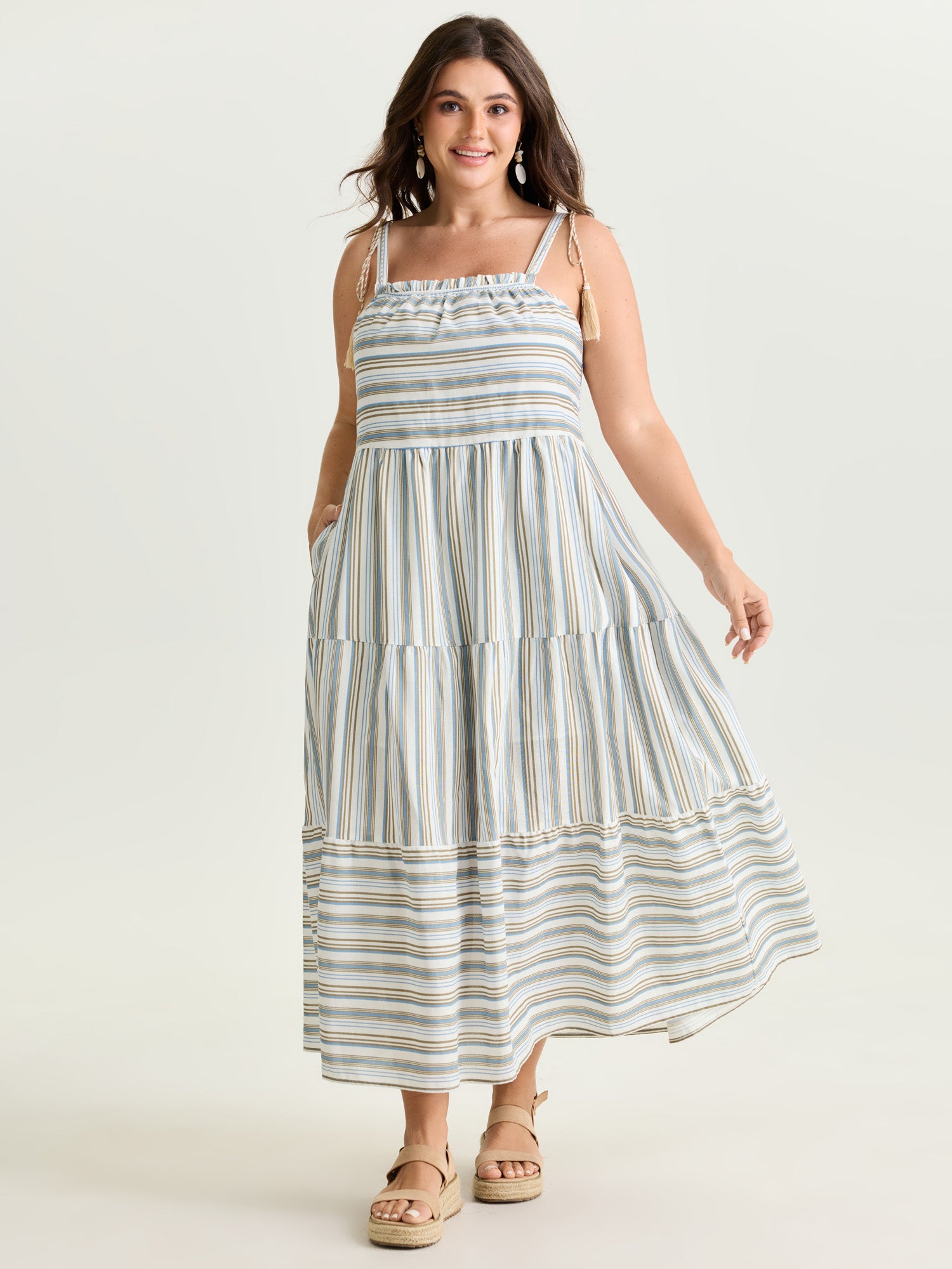 Cotton Linen Blend Striped Print Maxi Dress