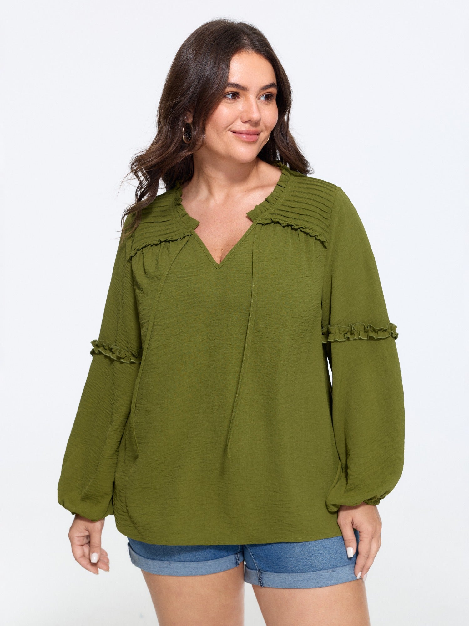 Textured Ruffled Trim Pleated Shoulder Blouse