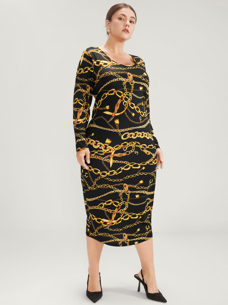 Chain Print Round Neck Bodycon Midi Dress
