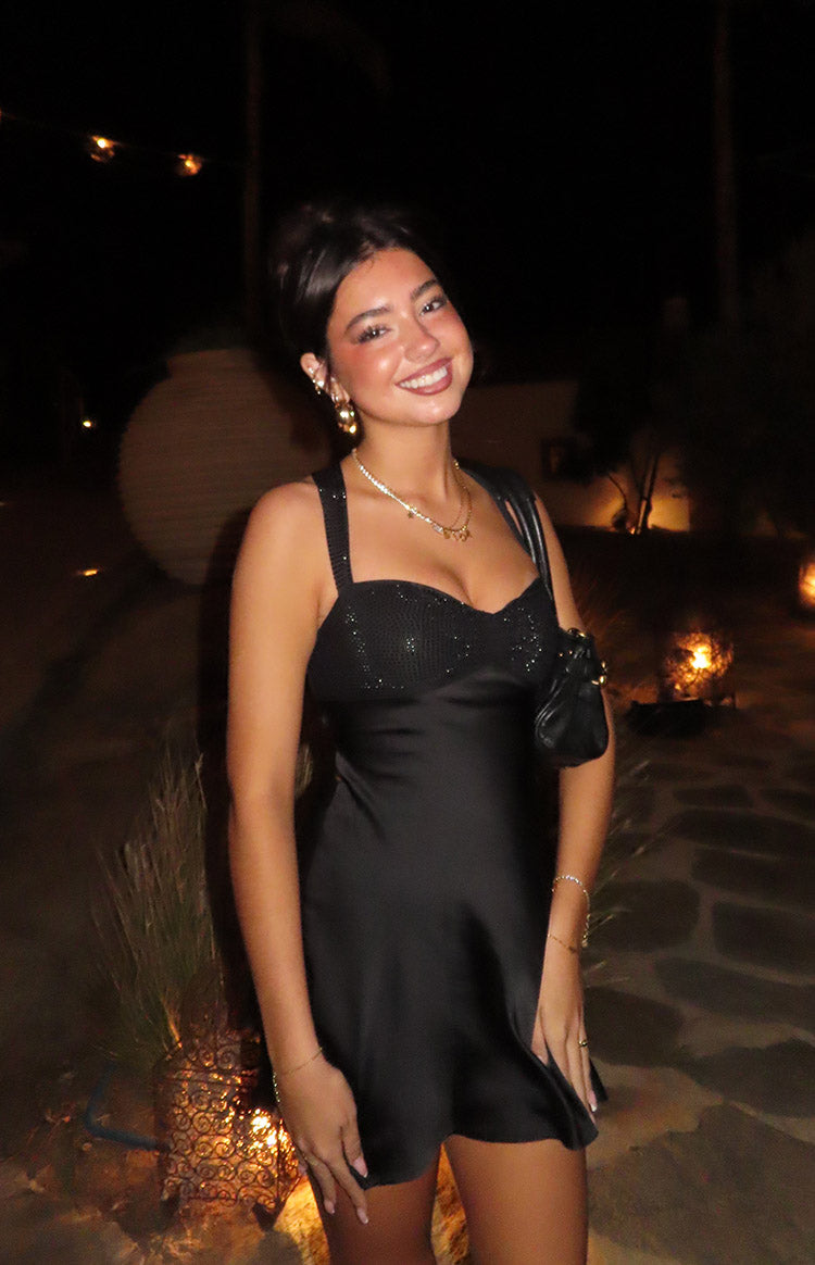 Jazzy Black Contrast Rhinestone Mini Dress