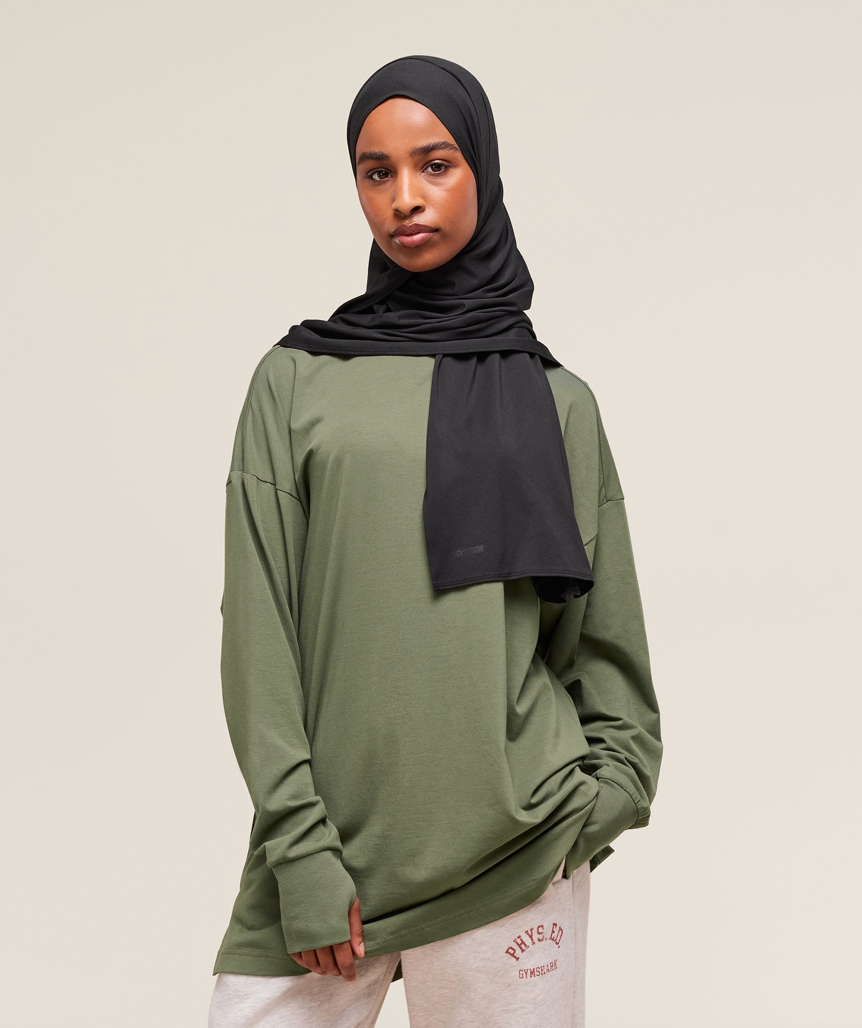Gymshark Covered Longline Cotton Long Sleeve Top - Core Olive