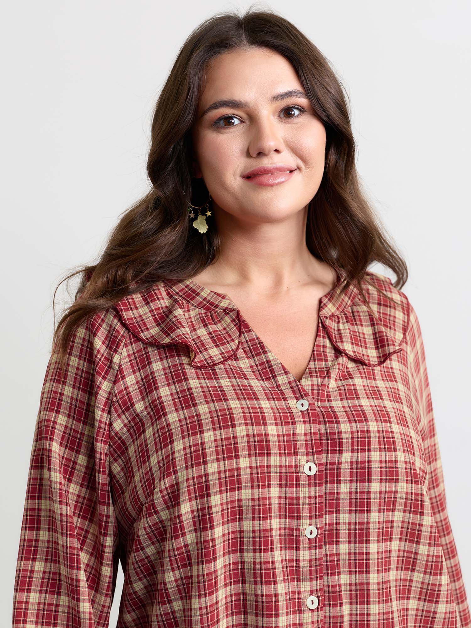 Gingham Print Ruffled Neck Button Blouse