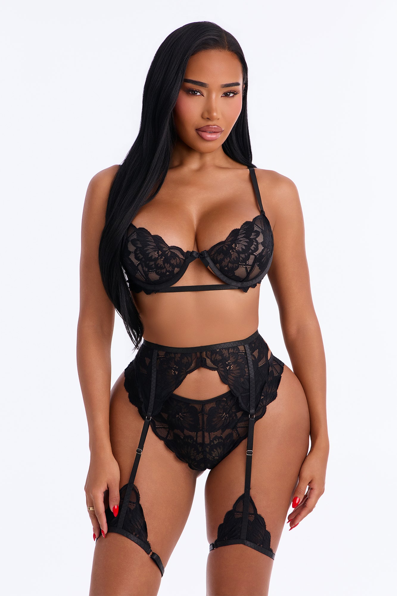 Jenna Lace 3 Piece Bra & Panty Garter Set - Black