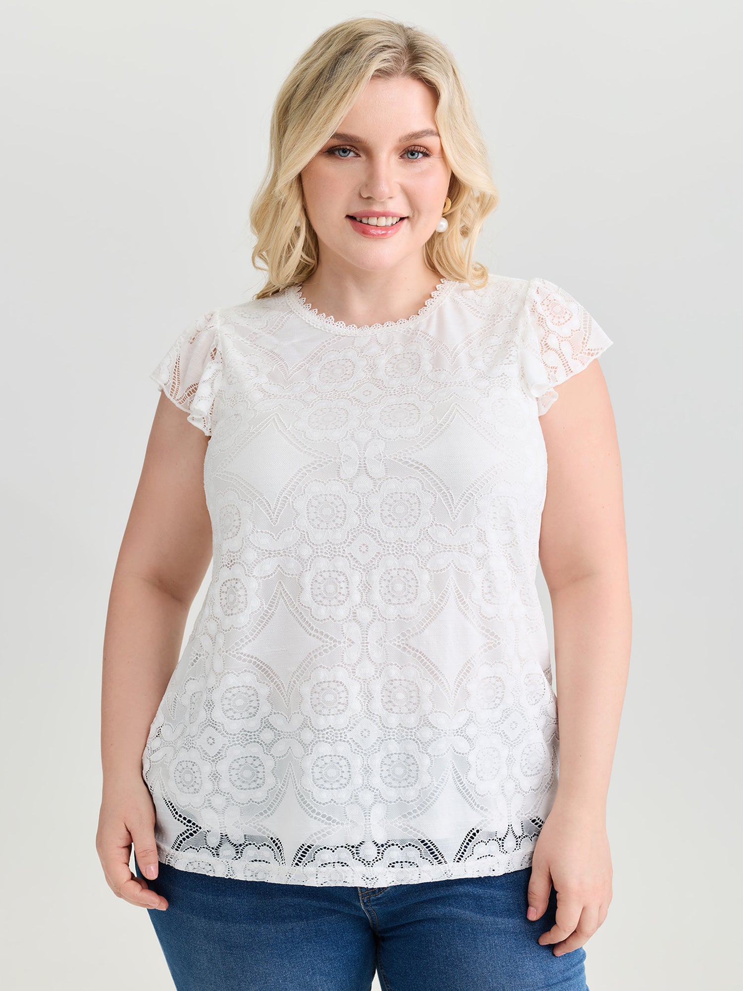 Floral Lace Knit Crew Neck Top
