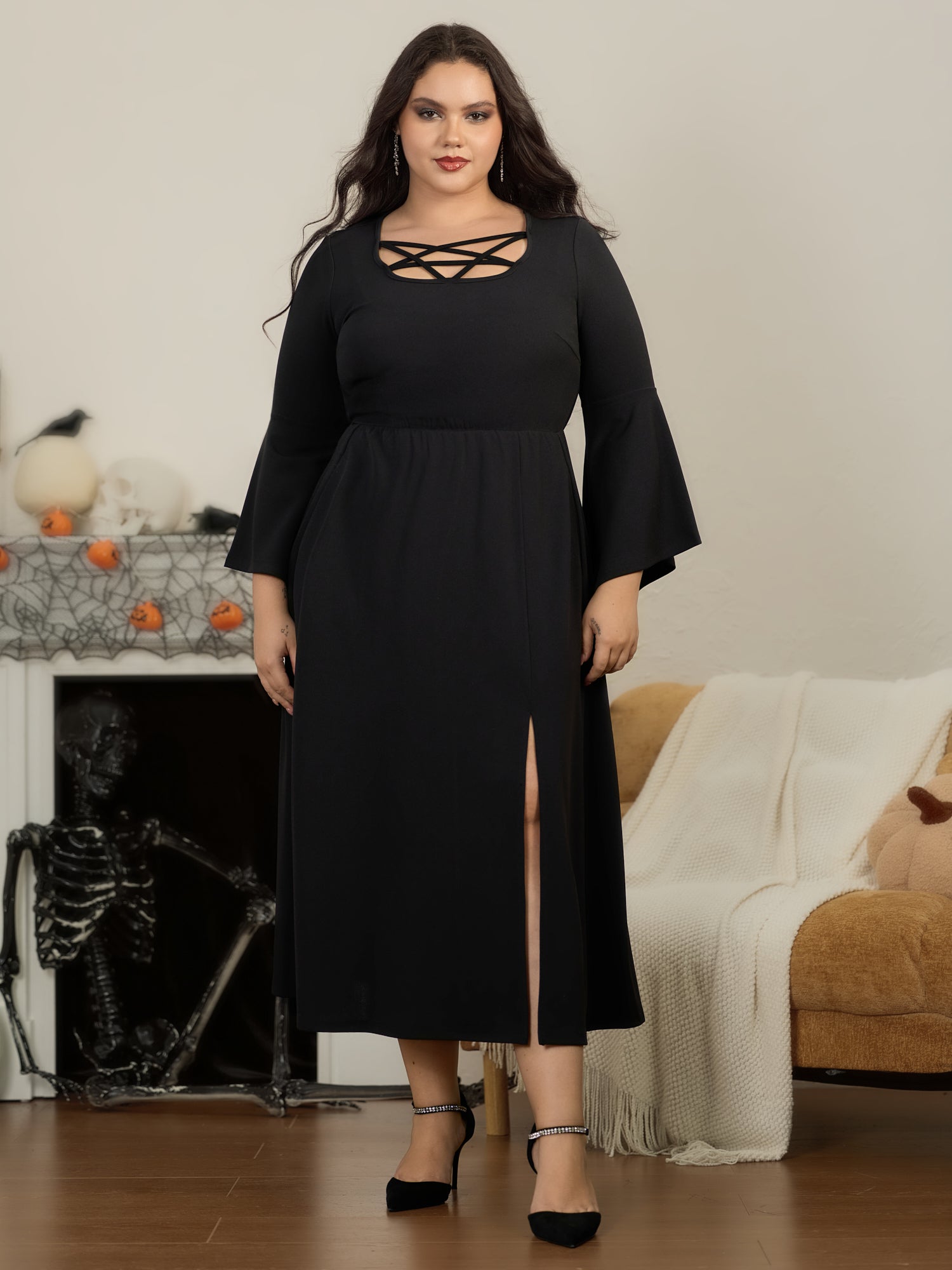 Crisscross Lace‑Up Front Bell Sleeve Maxi Dress