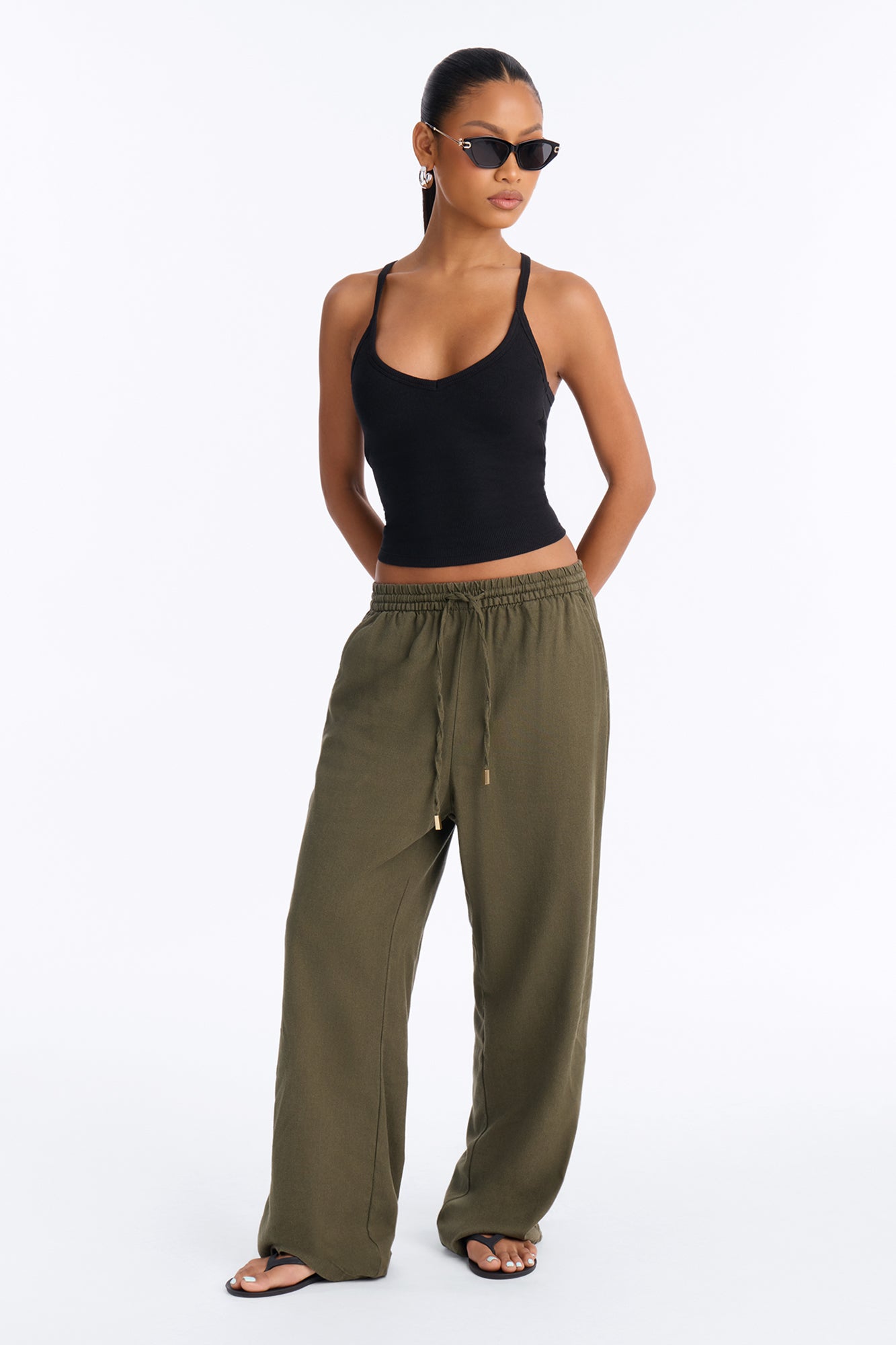 Sasha Drawstring Cotton Blend Pant - Dark Olive