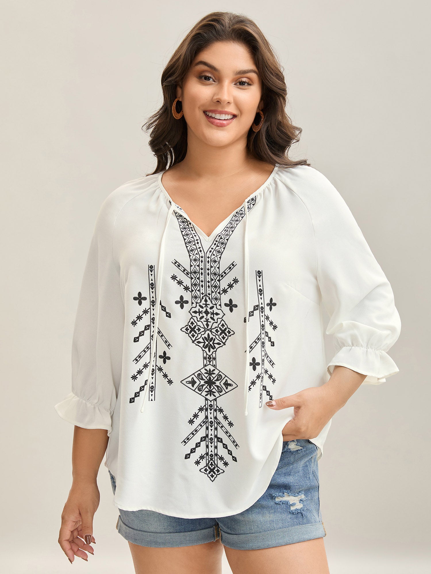 Boho Print Neck Tassels Shirt