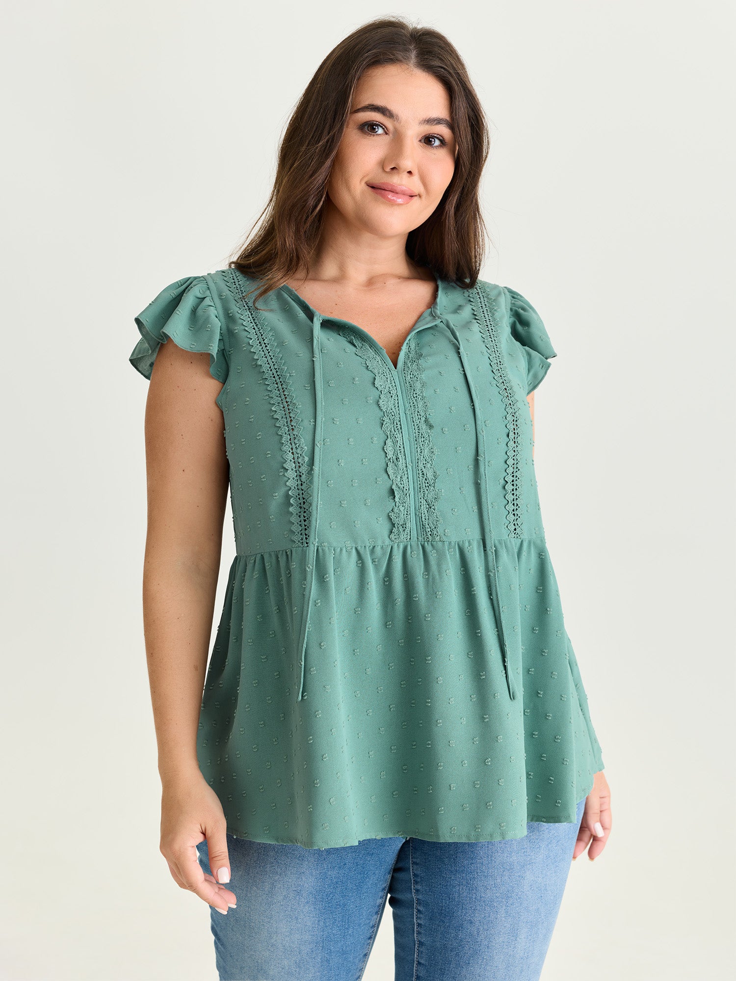 Textured Lace Panels Keyhole Neckline Blouse