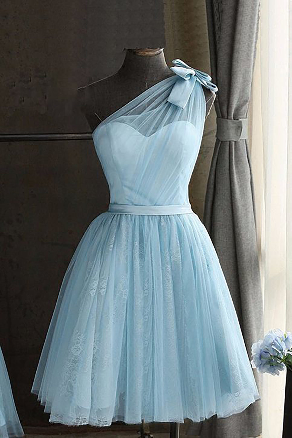 One Shoulder Blue Homecoming Dress/Mini Dress With Bowknot