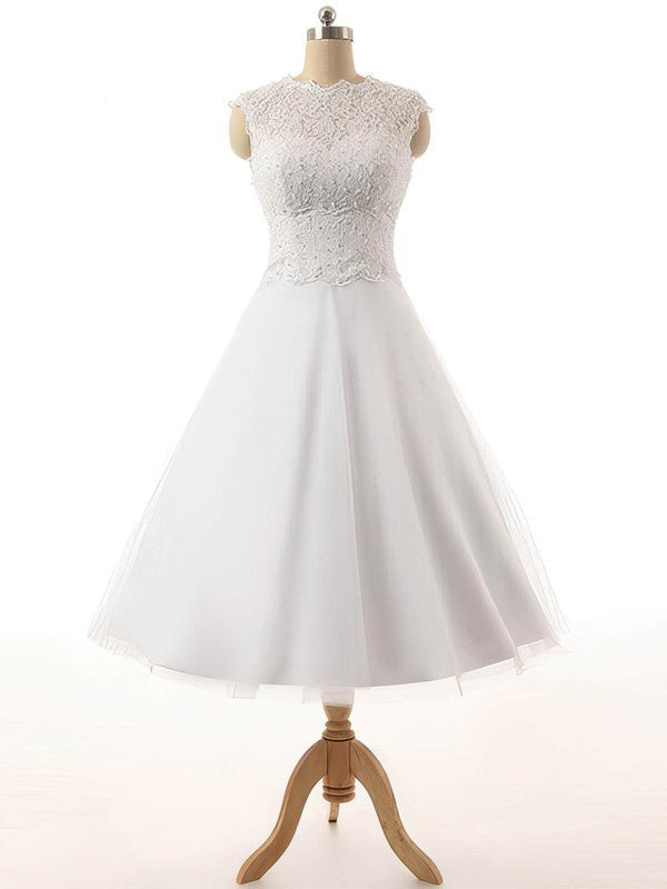 Stylish A-Line Jewel Sleeveless Tulle Tea-length Wedding Dresses with Beads