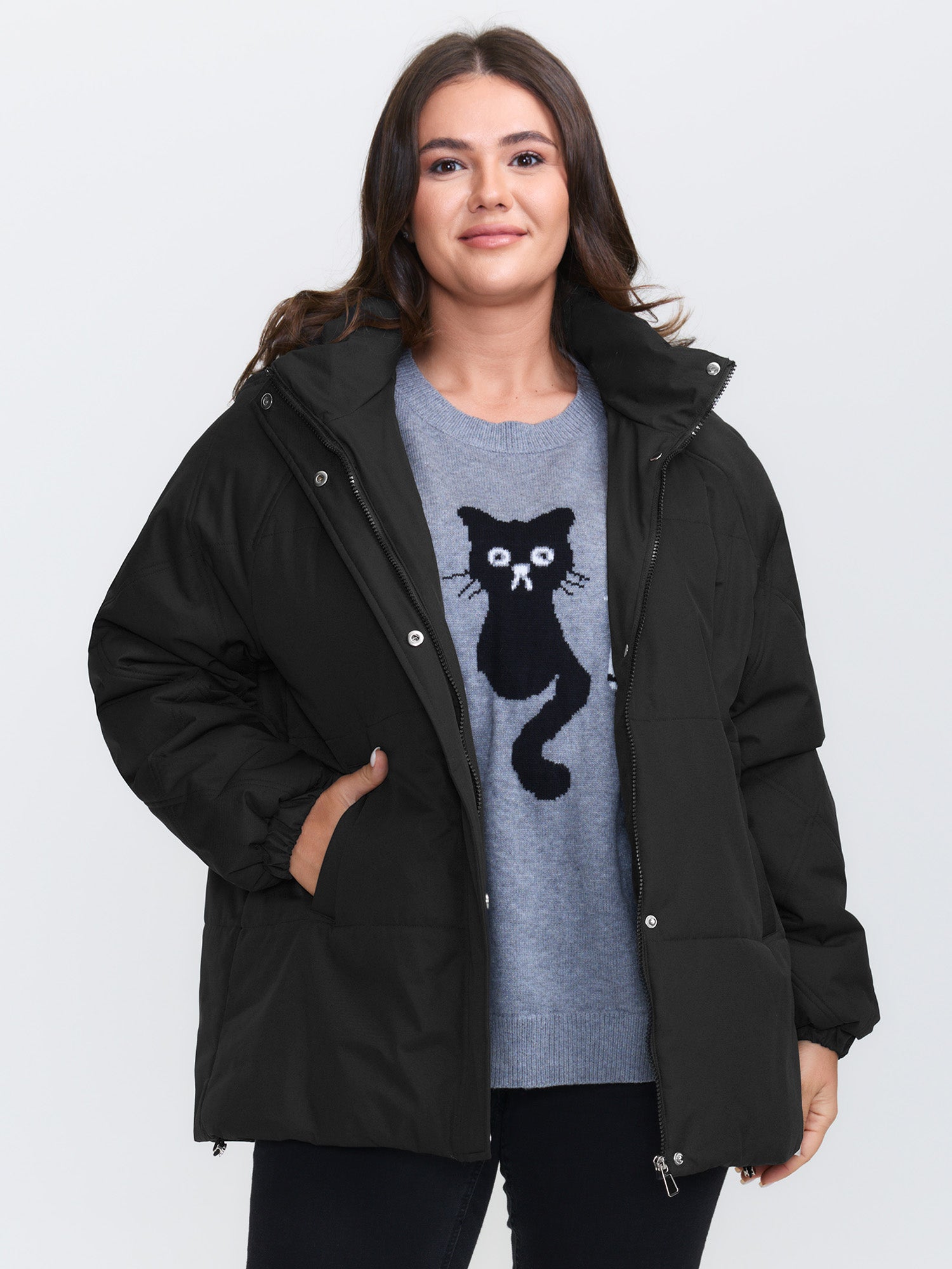 Zipper Button Pockets Quilted Jacket