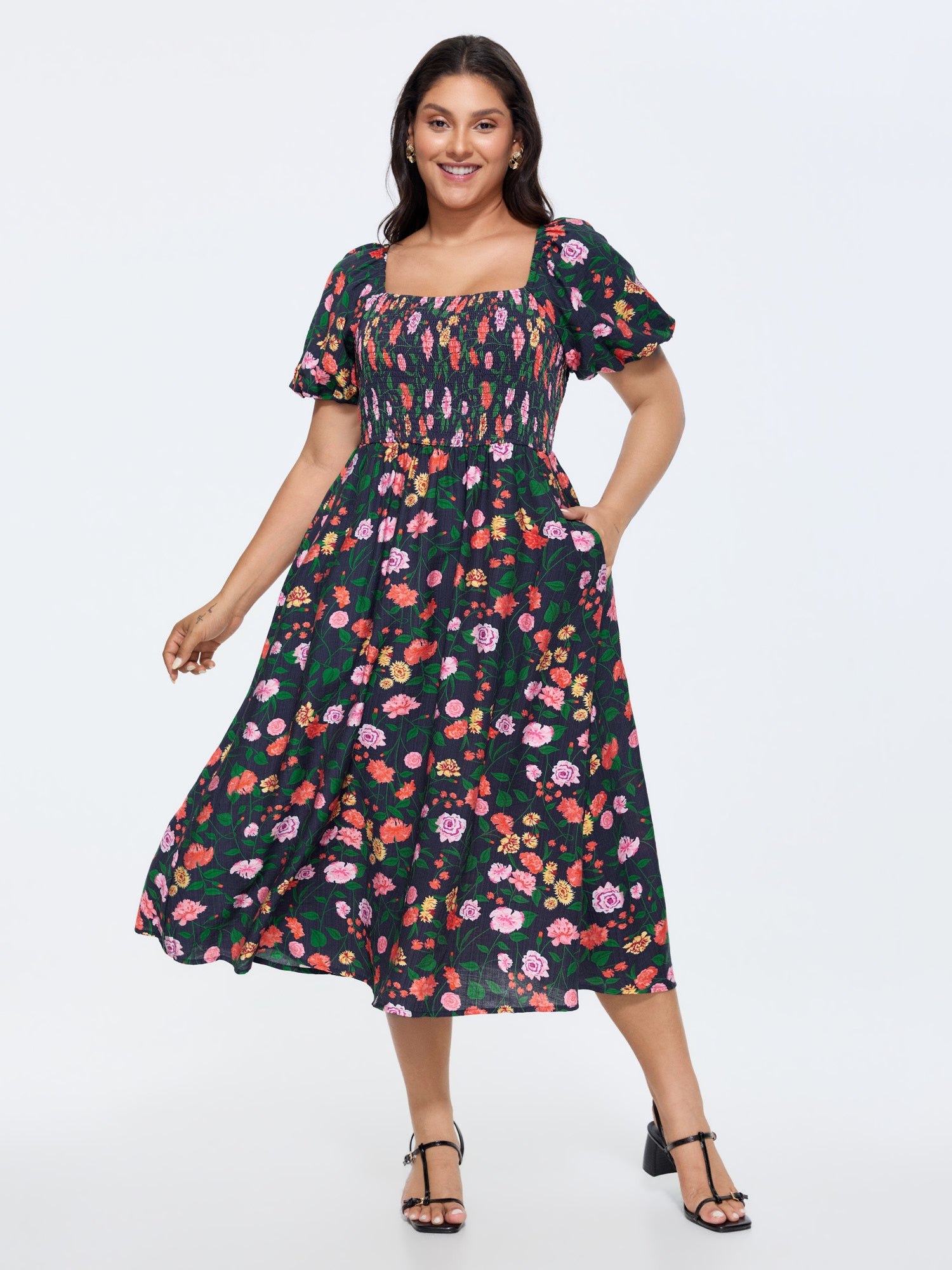 Multi-Color Floral Print Shirred Bodice Midi Dress